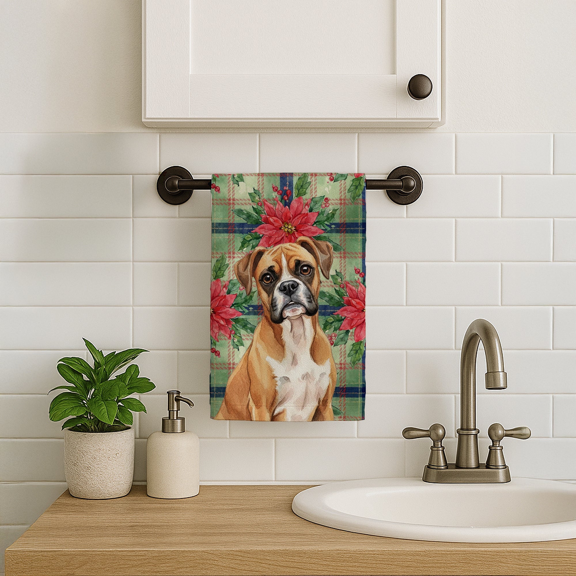 Boxer Christmas PoinsettIas Kitchen Towel Velour Plush Front and Cotton Loop Back Machine Washable