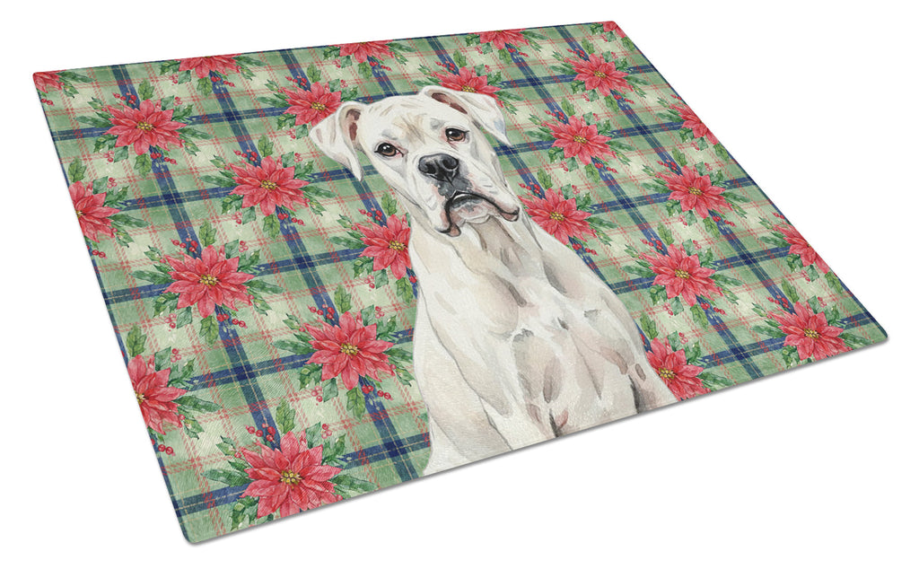 White Boxer Christmas PoinsettIas Cutting Board Tempered Glass Kitchen Cutting Surface, Heat Resistant Chopping, Non-Slip Feet, Food Prep & Serving