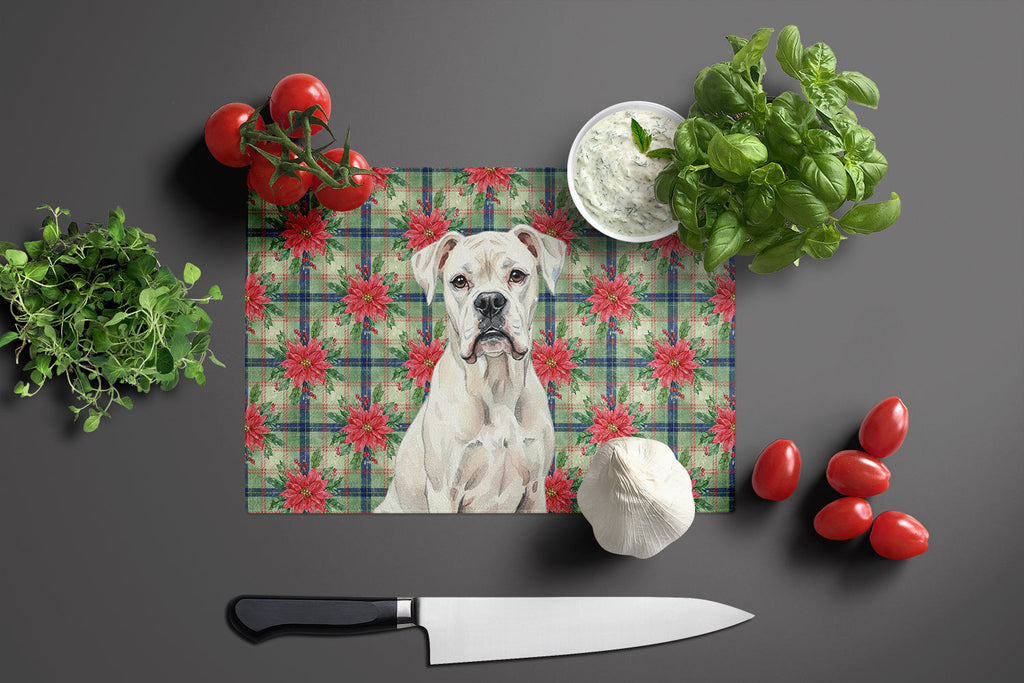 White Boxer Christmas PoinsettIas Cutting Board Tempered Glass Kitchen Cutting Surface, Heat Resistant Chopping, Non-Slip Feet, Food Prep & Serving