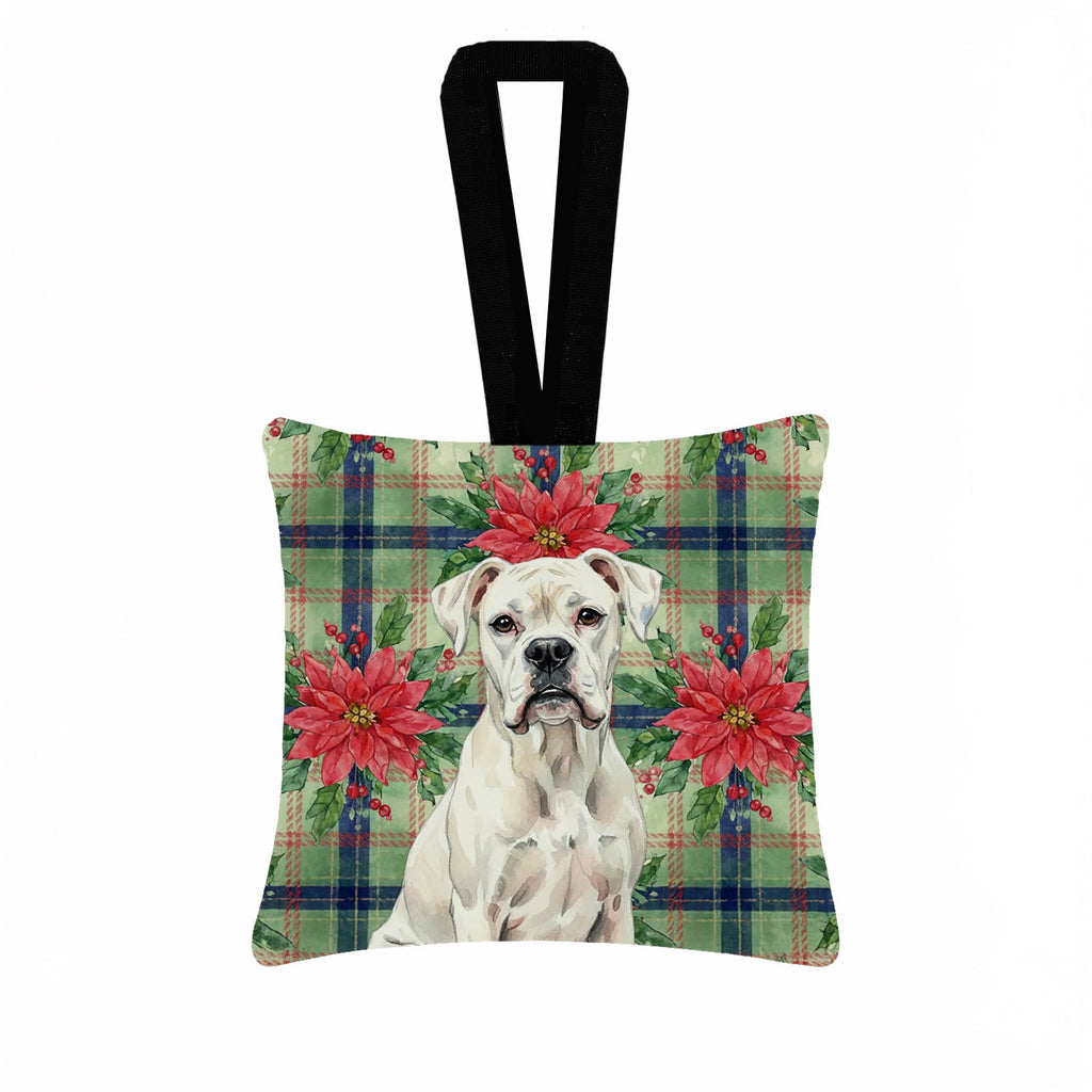 White Boxer Christmas PoinsettIas Hanging Square Fabric Ornament 3.5 � 3.5 Decorative Door-Knob & Tree Hanger, Soft Fabric