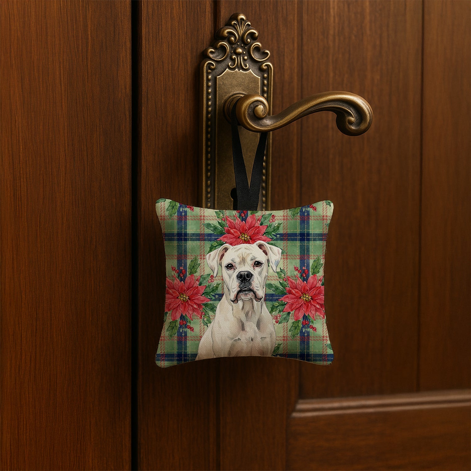 White Boxer Christmas PoinsettIas Hanging Square Fabric Ornament 3.5 � 3.5 Decorative Door-Knob & Tree Hanger, Soft Fabric