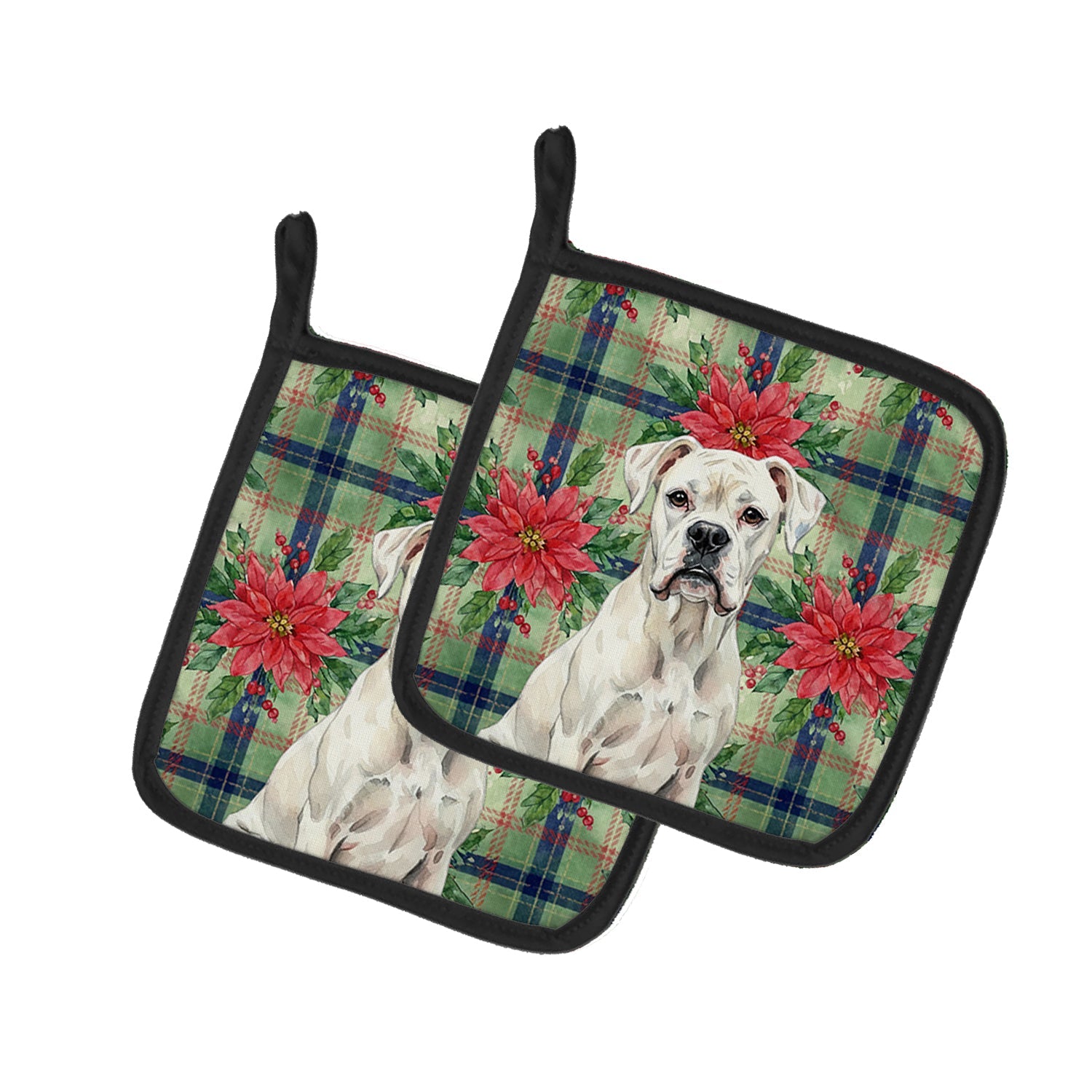 White Boxer Christmas PoinsettIas Pot Holder Set of 2 Heat Resistant Quilted Hot Pads 7.5 x 7.5 Inch, Insulated Kitchen Trivets for Cooking & Baking