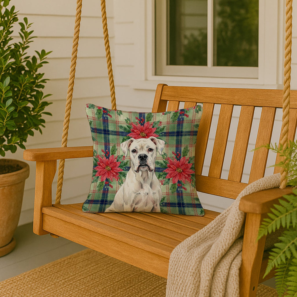 White Boxer Christmas PoinsettIas Decorative Throw Pillow 18x18 Indoor Outdoor Accent Cushion, Fabric Cover with Insert for Sofa, Bed, Porch & Living Room