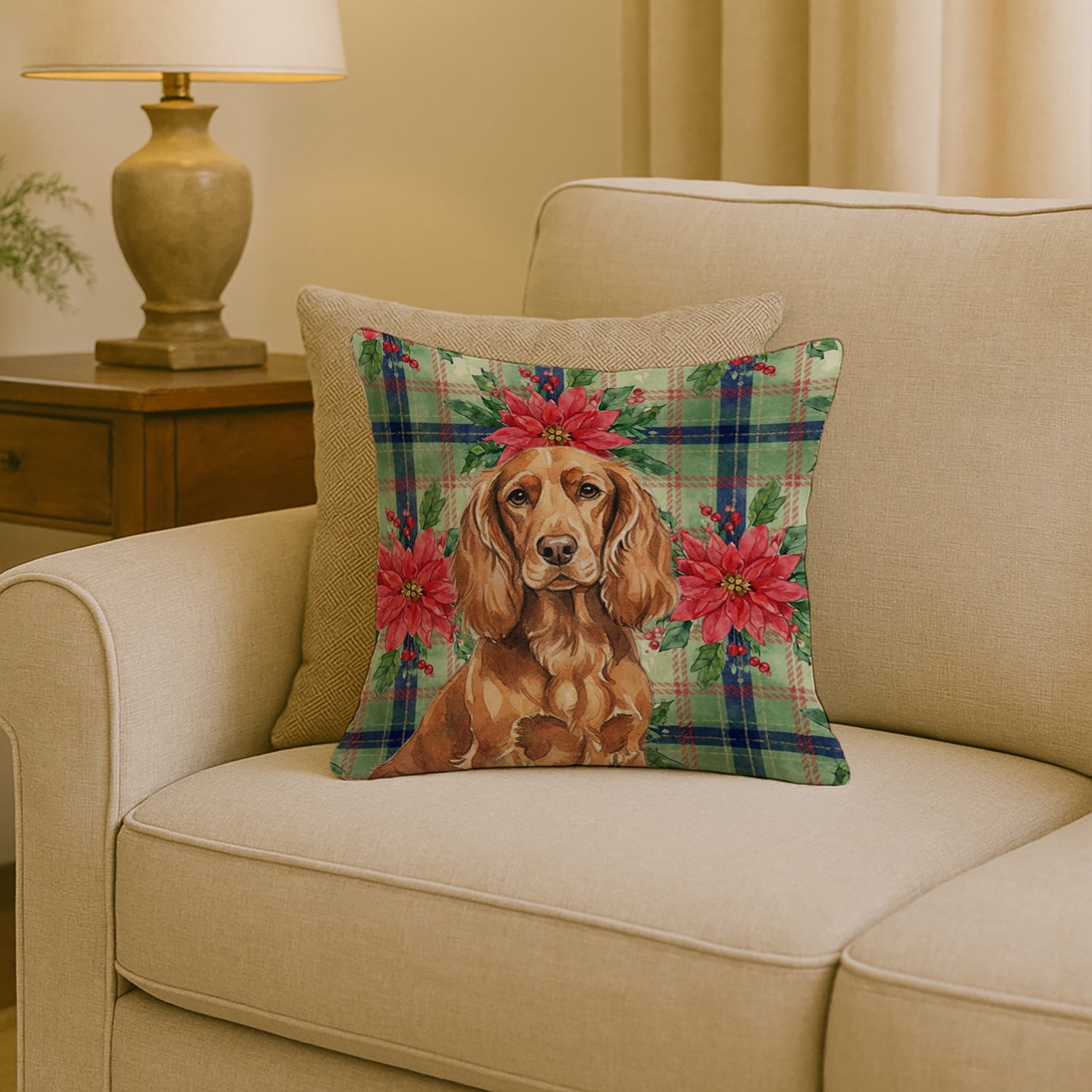 Boykin Spaniel Christmas PoinsettIas Decorative Throw Pillow 18x18 Indoor Outdoor Accent Cushion, Fabric Cover with Insert for Sofa, Bed, Porch & Living Room