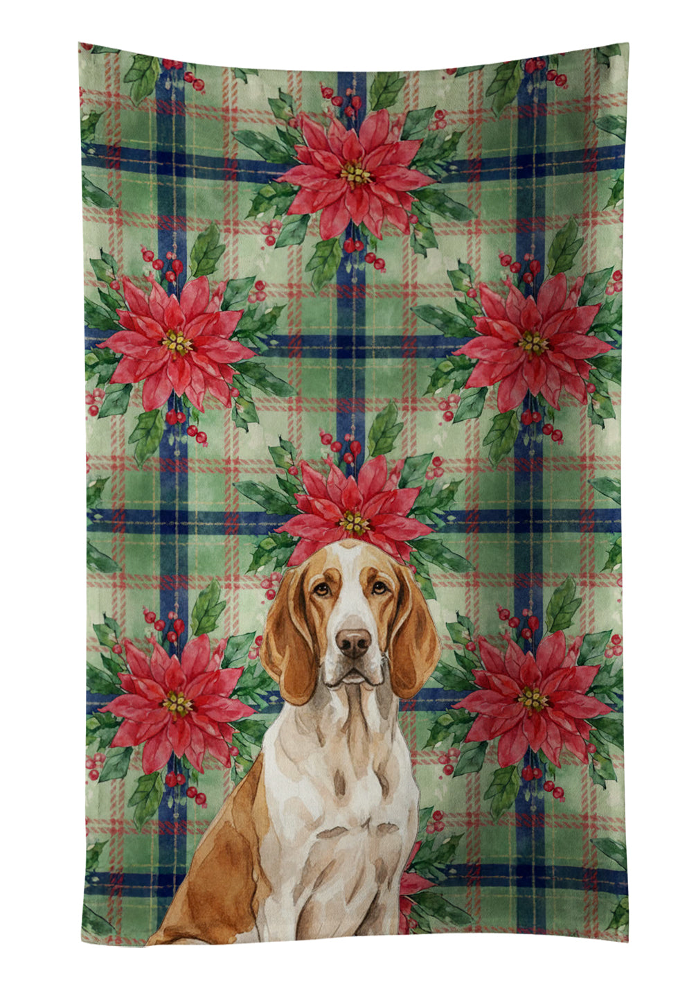 Bracco Italiano Christmas PoinsettIas Kitchen Towel Velour Plush Front and Cotton Loop Back Machine Washable