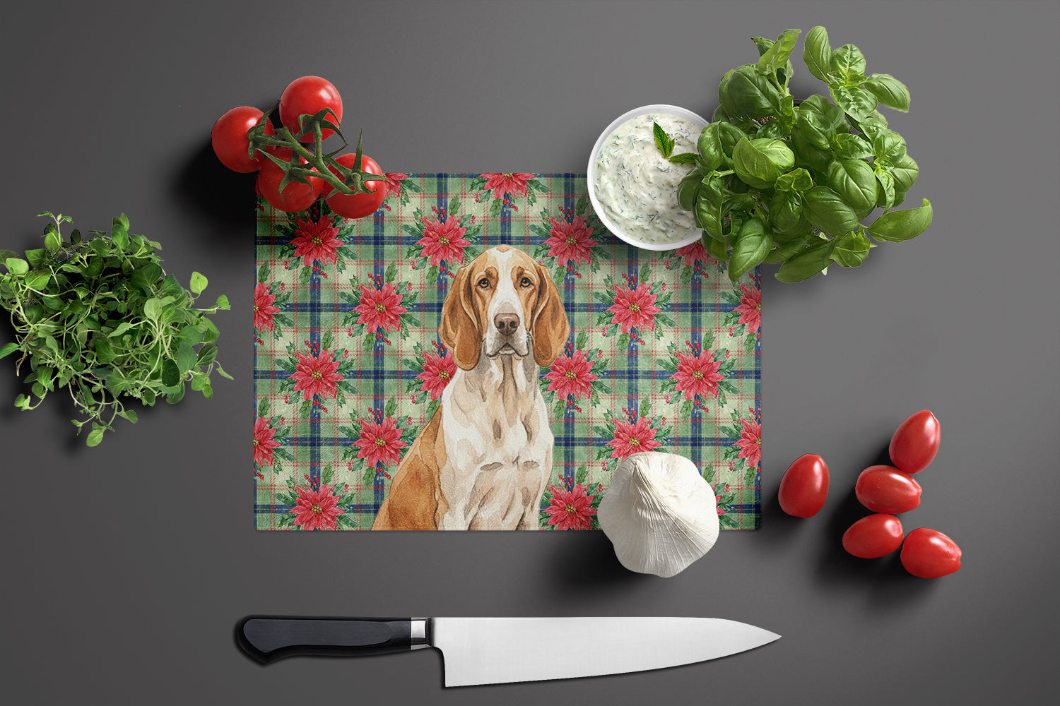 Bracco Italiano Christmas PoinsettIas Cutting Board Tempered Glass Kitchen Cutting Surface, Heat Resistant Chopping, Non-Slip Feet, Food Prep & Serving