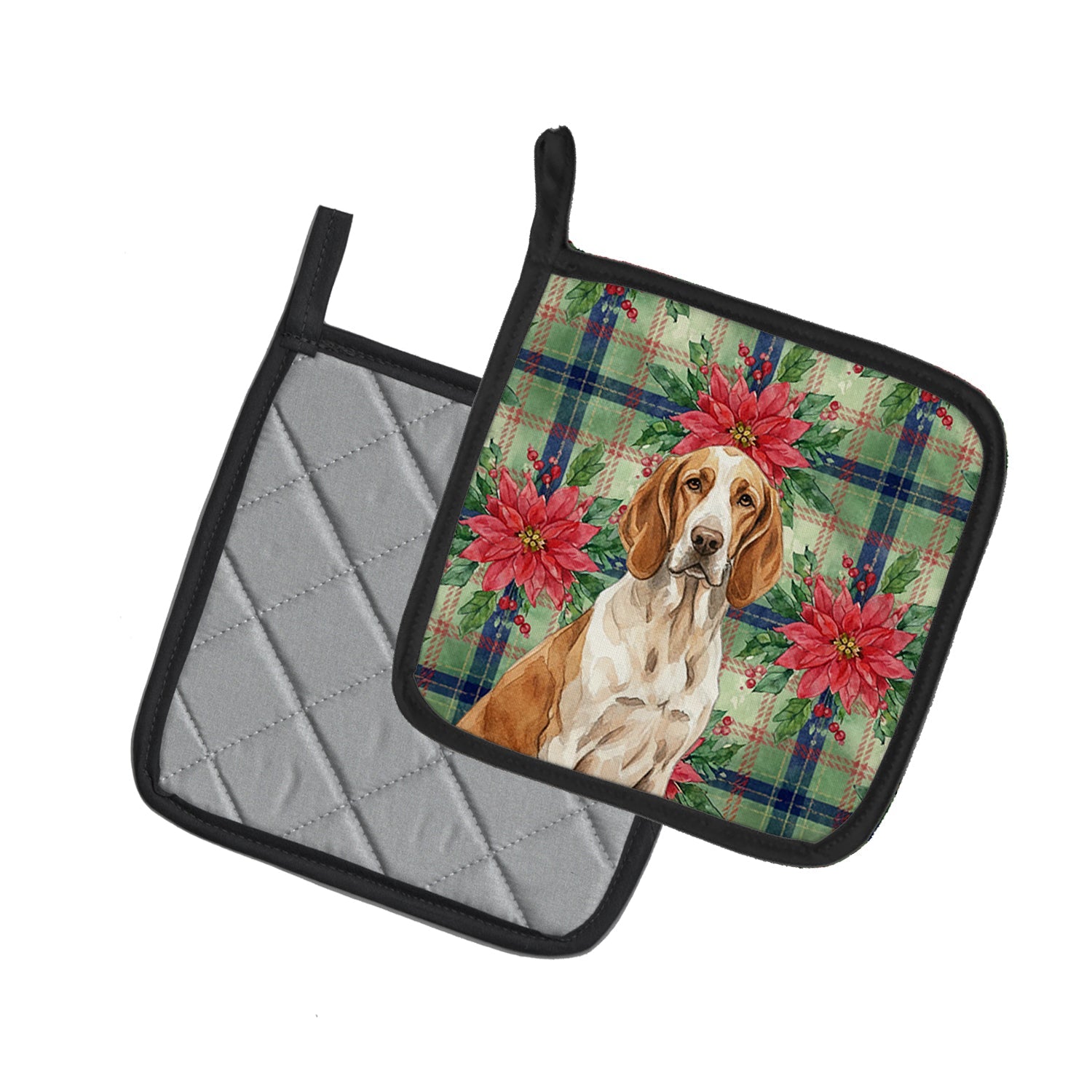 Bracco Italiano Christmas PoinsettIas Pot Holder Set of 2 Heat Resistant Quilted Hot Pads 7.5 x 7.5 Inch, Insulated Kitchen Trivets for Cooking & Baking