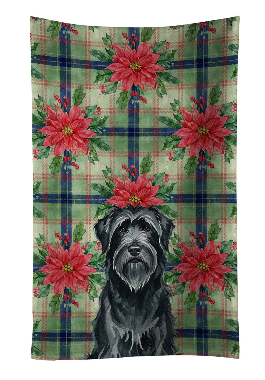 Black Briard Christmas PoinsettIas Kitchen Towel Velour Plush Front and Cotton Loop Back Machine Washable