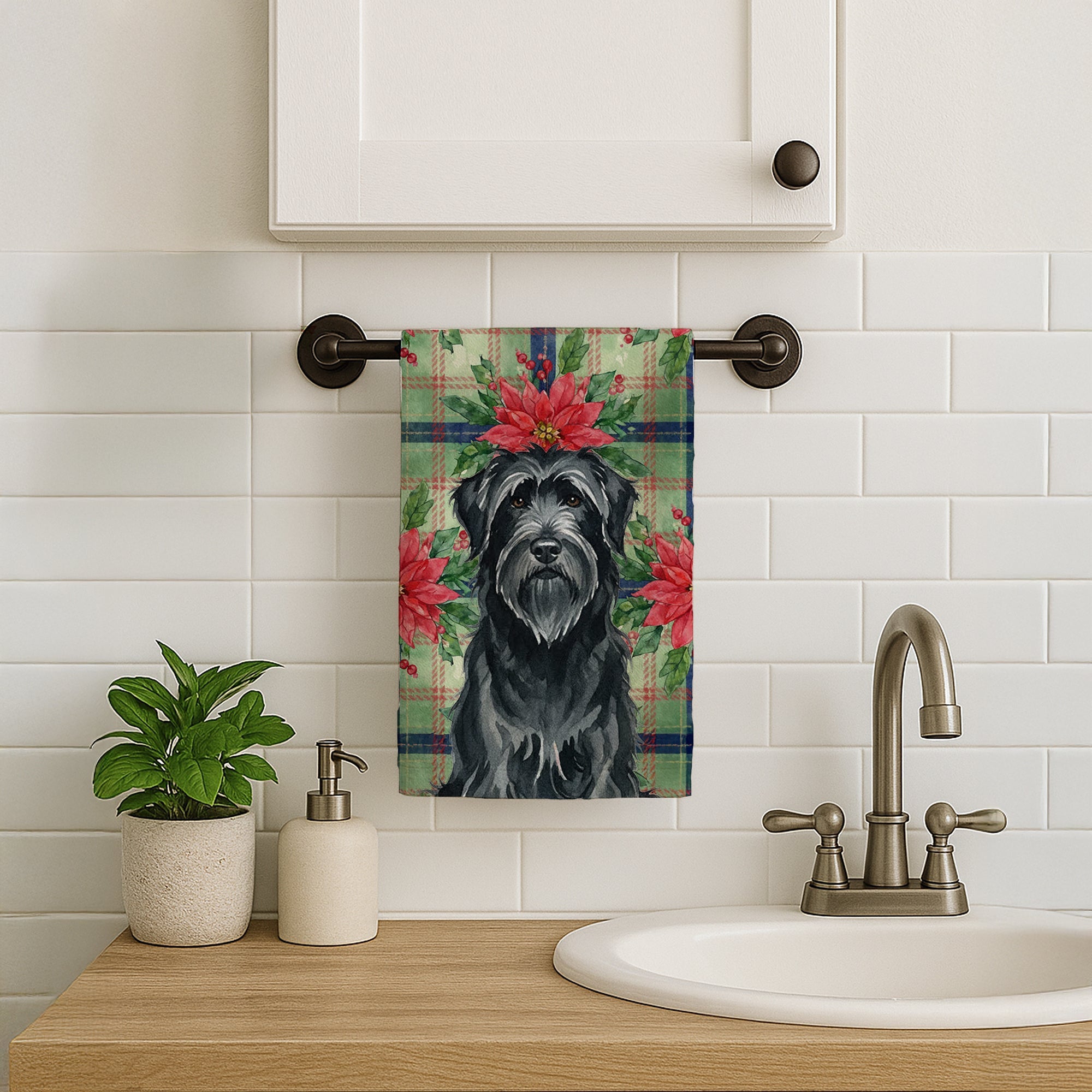 Black Briard Christmas PoinsettIas Kitchen Towel Velour Plush Front and Cotton Loop Back Machine Washable