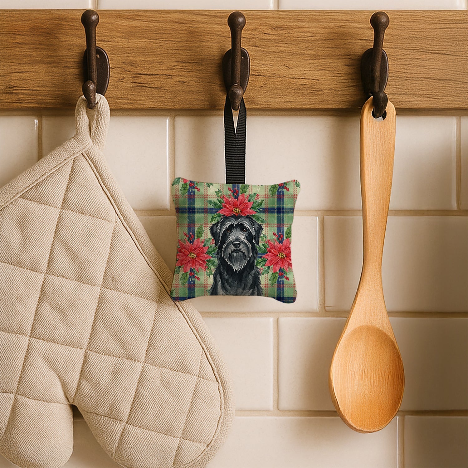 Black Briard Christmas PoinsettIas Hanging Square Fabric Ornament 3.5 � 3.5 Decorative Door-Knob & Tree Hanger, Soft Fabric