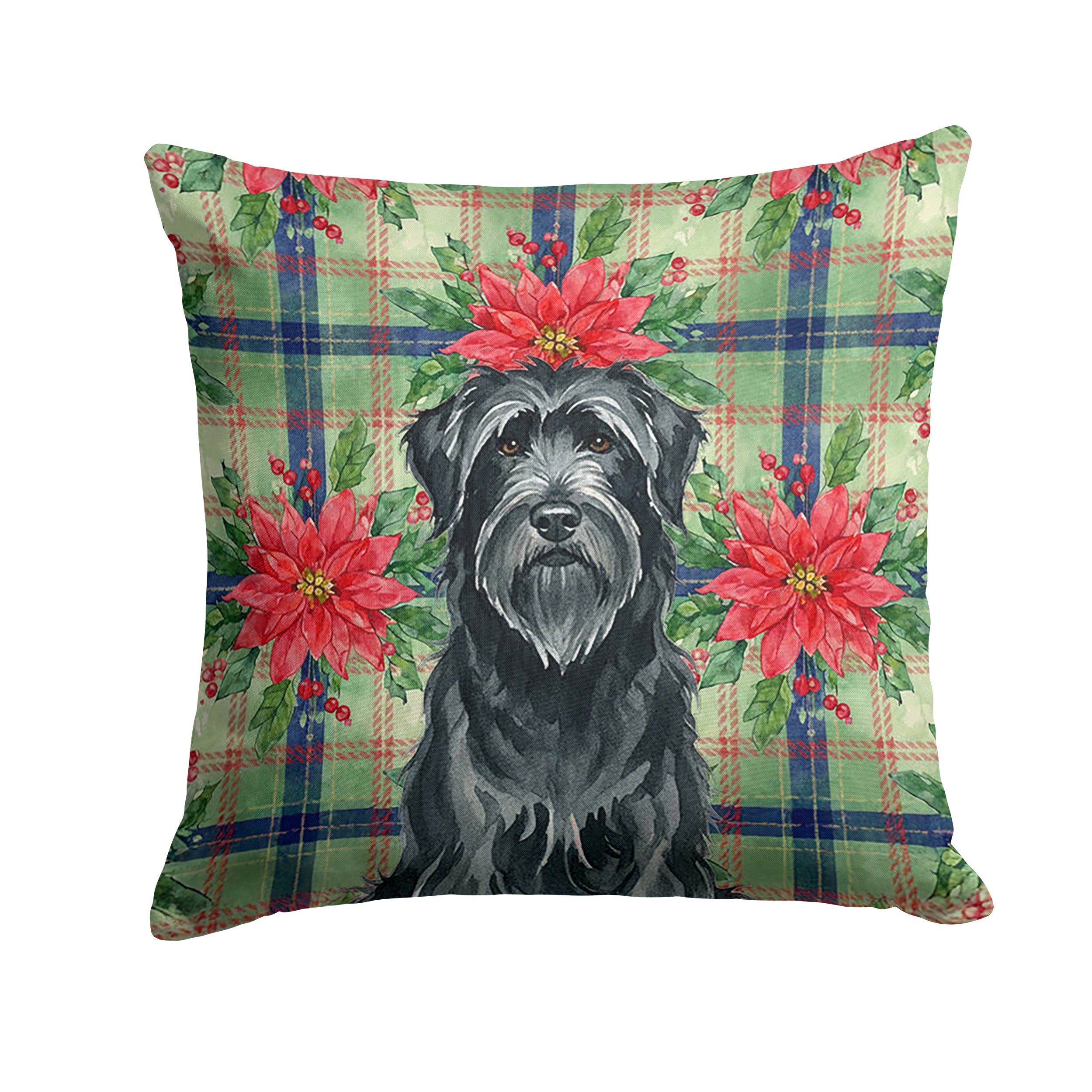 Black Briard Christmas PoinsettIas Decorative Throw Pillow 18x18 Indoor Outdoor Accent Cushion, Fabric Cover with Insert for Sofa, Bed, Porch & Living Room