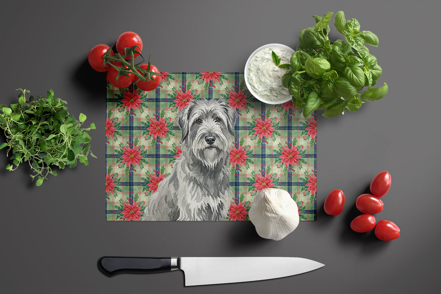 Gray Briard Christmas PoinsettIas Cutting Board Tempered Glass Kitchen Cutting Surface, Heat Resistant Chopping, Non-Slip Feet, Food Prep & Serving