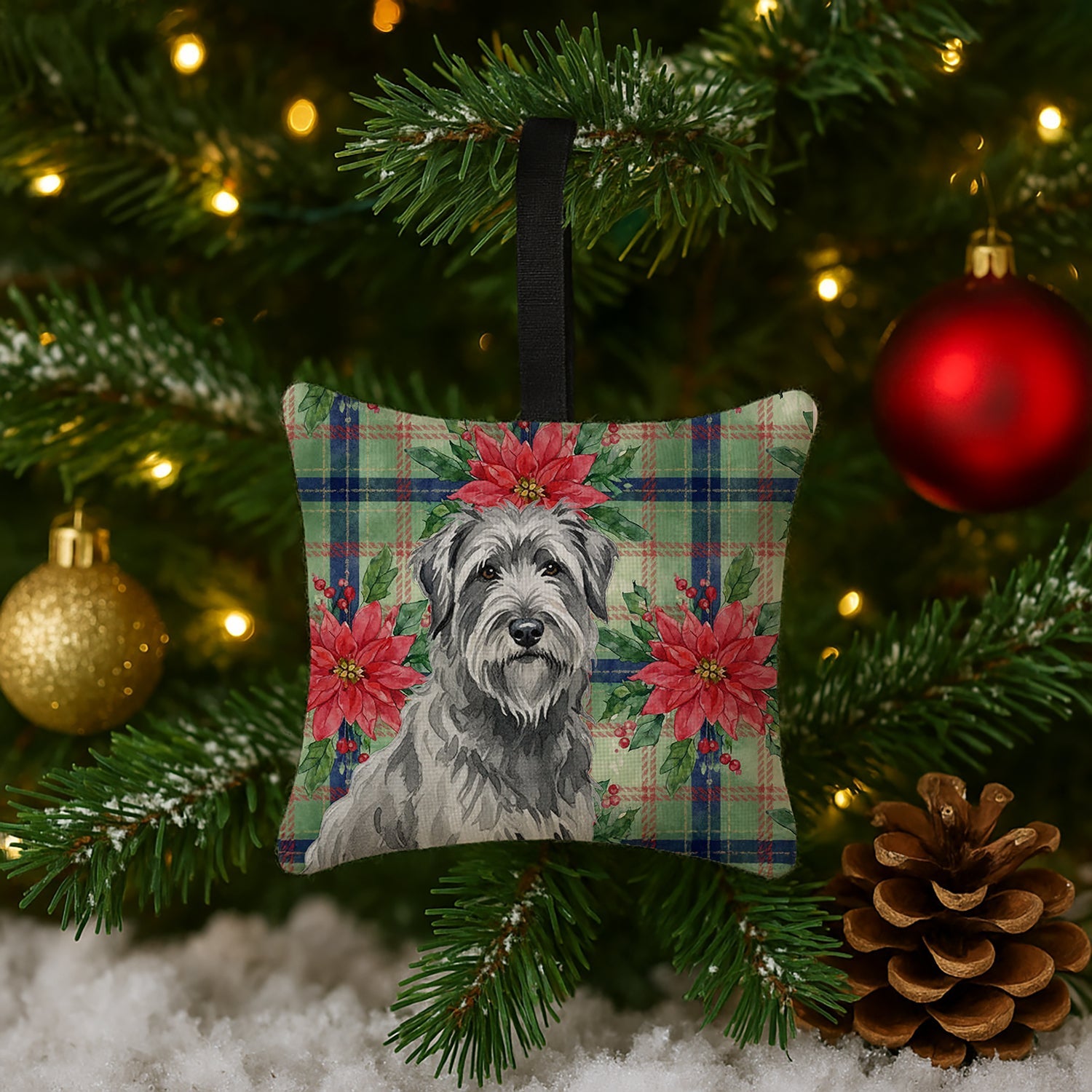 Gray Briard Christmas PoinsettIas Hanging Square Fabric Ornament 3.5 � 3.5 Decorative Door-Knob & Tree Hanger, Soft Fabric