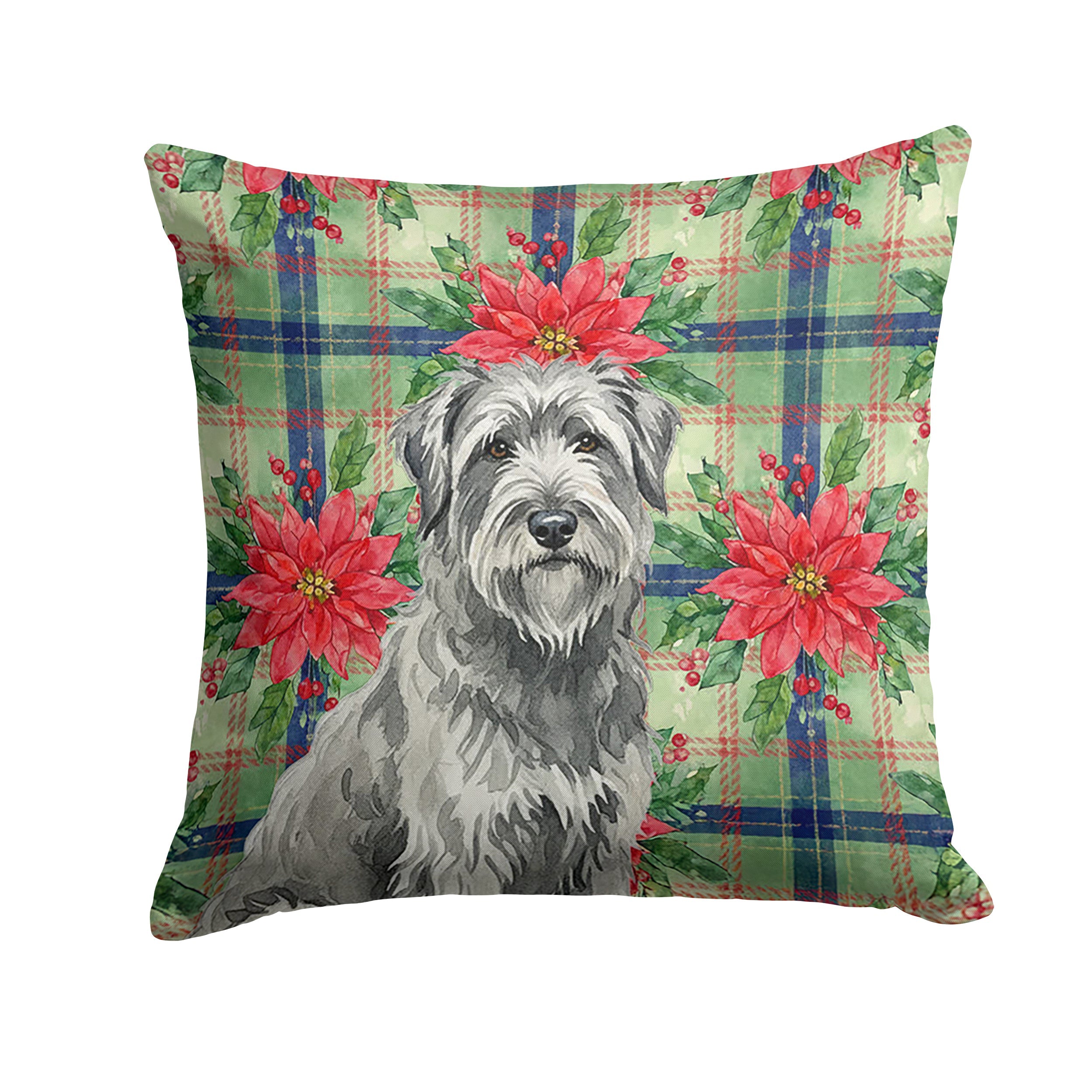 Gray Briard Christmas PoinsettIas Decorative Throw Pillow 18x18 Indoor Outdoor Accent Cushion, Fabric Cover with Insert for Sofa, Bed, Porch & Living Room