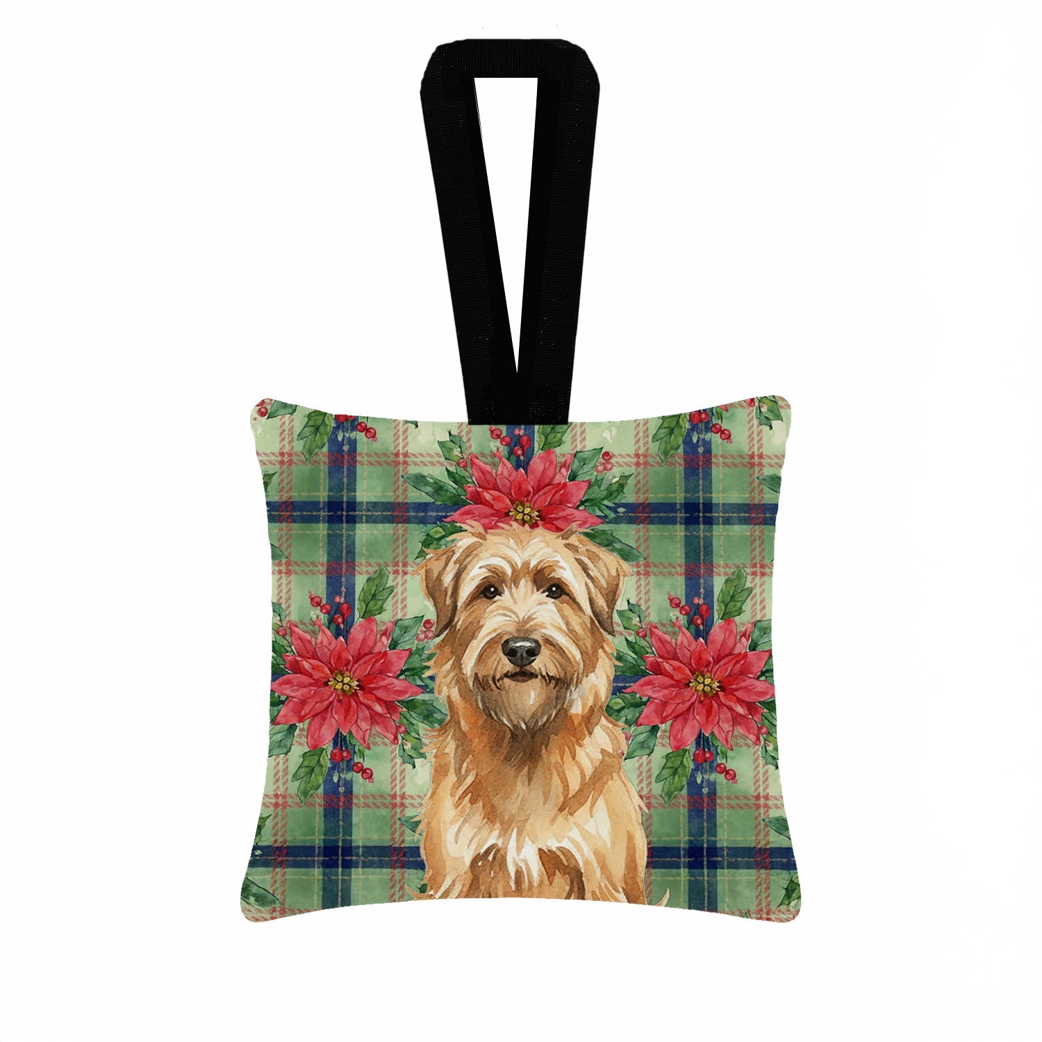 Tawny Briard Christmas PoinsettIas Hanging Square Fabric Ornament 3.5 � 3.5 Decorative Door-Knob & Tree Hanger, Soft Fabric