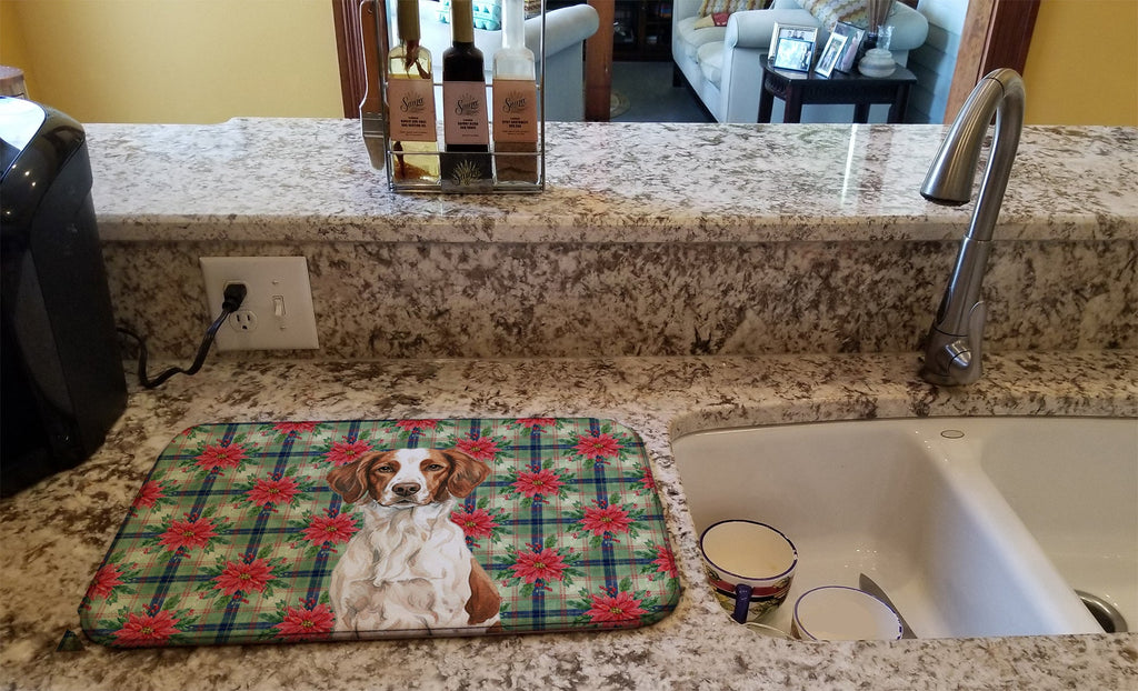 Liver and White Brittany Christmas PoinsettIas Dish Drying Mat Absorbent Dish Drying Mat Pad for Kitchen Counter Dish Drainer Mat for Countertop, 14 x 21", Multicolor