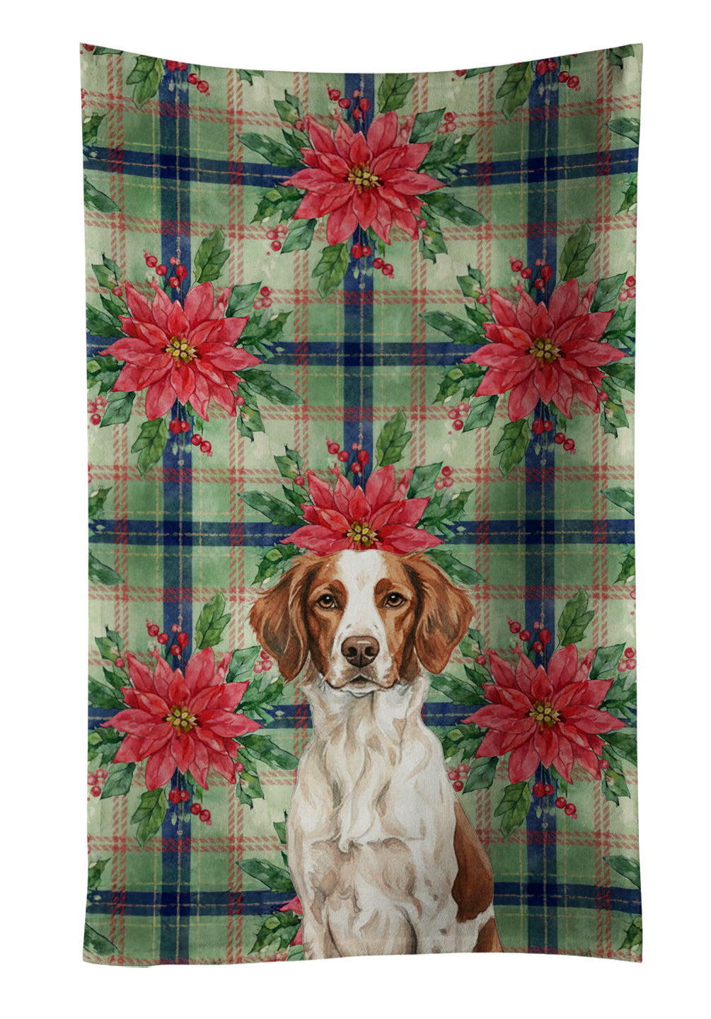 Liver and White Brittany Christmas PoinsettIas Kitchen Towel Velour Plush Front and Cotton Loop Back Machine Washable