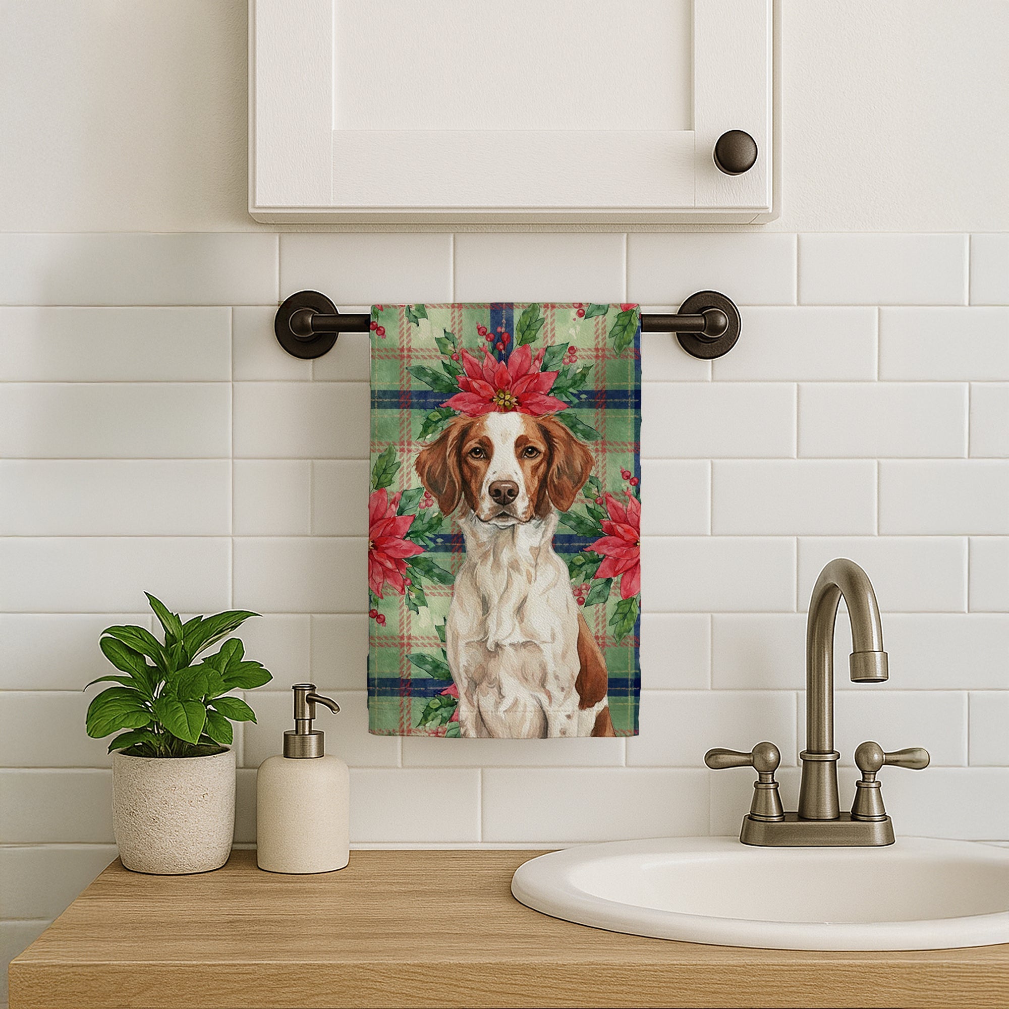 Liver and White Brittany Christmas PoinsettIas Kitchen Towel Velour Plush Front and Cotton Loop Back Machine Washable