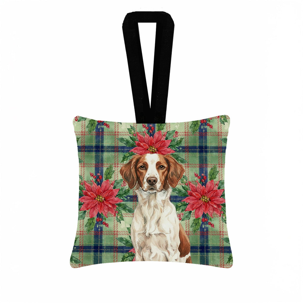 Liver and White Brittany Christmas PoinsettIas Hanging Square Fabric Ornament 3.5 � 3.5 Decorative Door-Knob & Tree Hanger, Soft Fabric