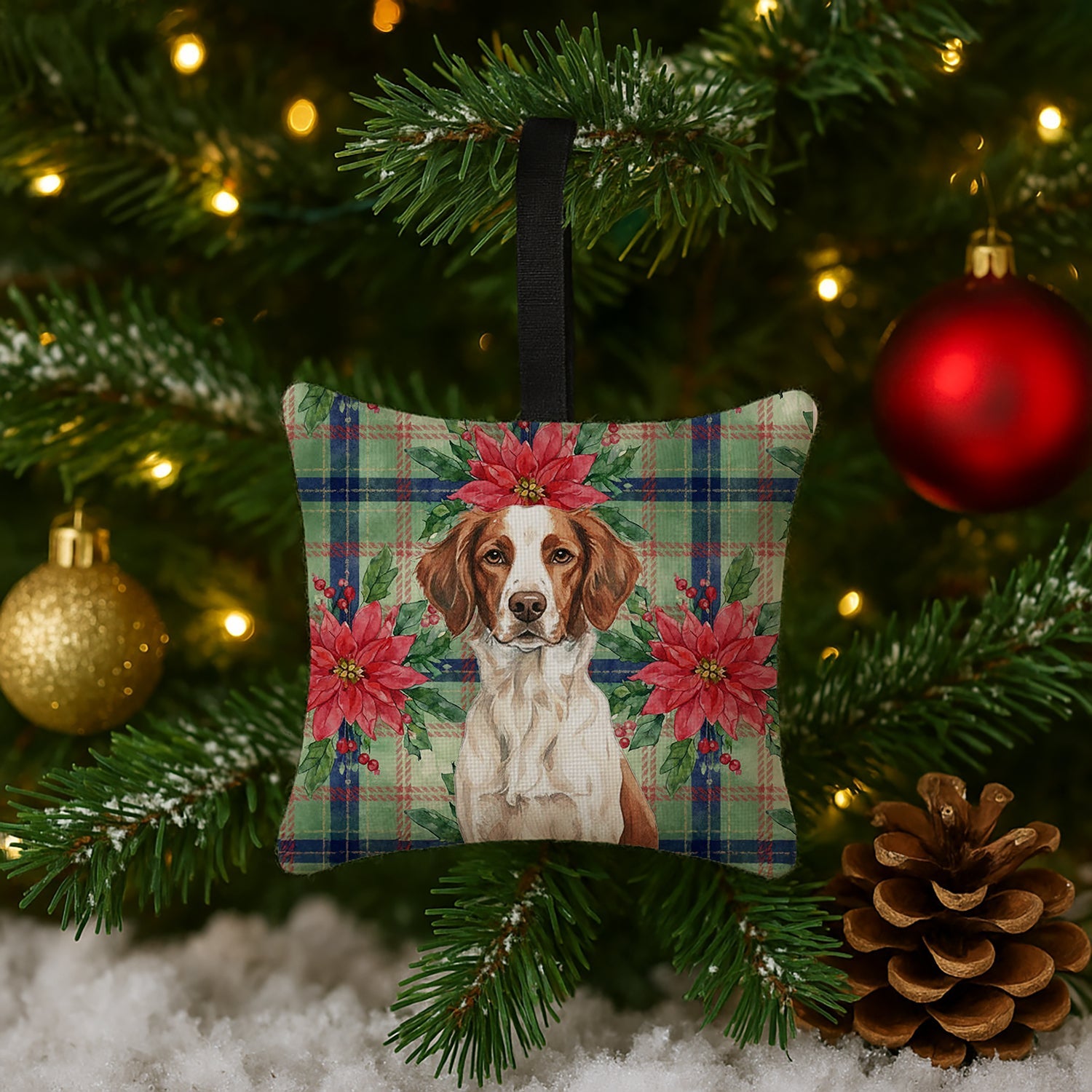 Liver and White Brittany Christmas PoinsettIas Hanging Square Fabric Ornament 3.5 � 3.5 Decorative Door-Knob & Tree Hanger, Soft Fabric