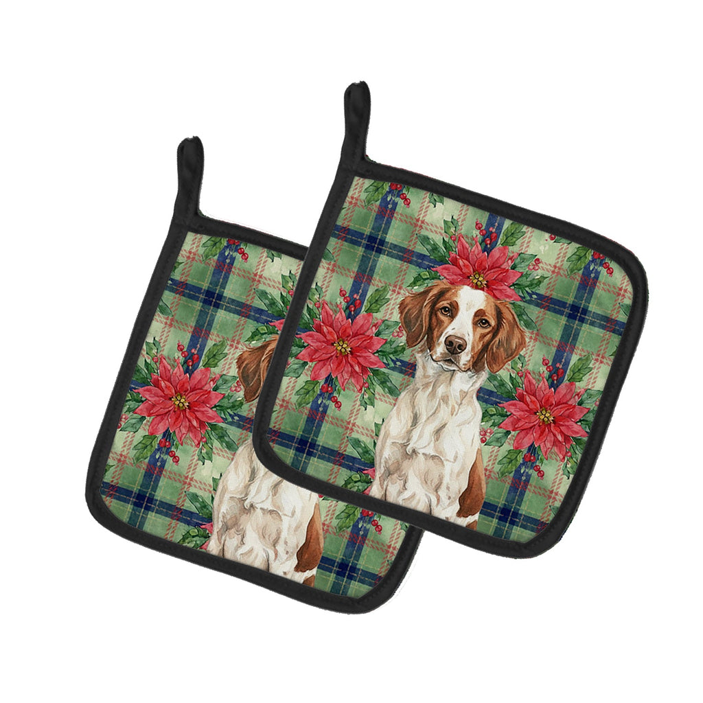 Liver and White Brittany Christmas PoinsettIas Pot Holder Set of 2 Heat Resistant Quilted Hot Pads 7.5 x 7.5 Inch, Insulated Kitchen Trivets for Cooking & Baking