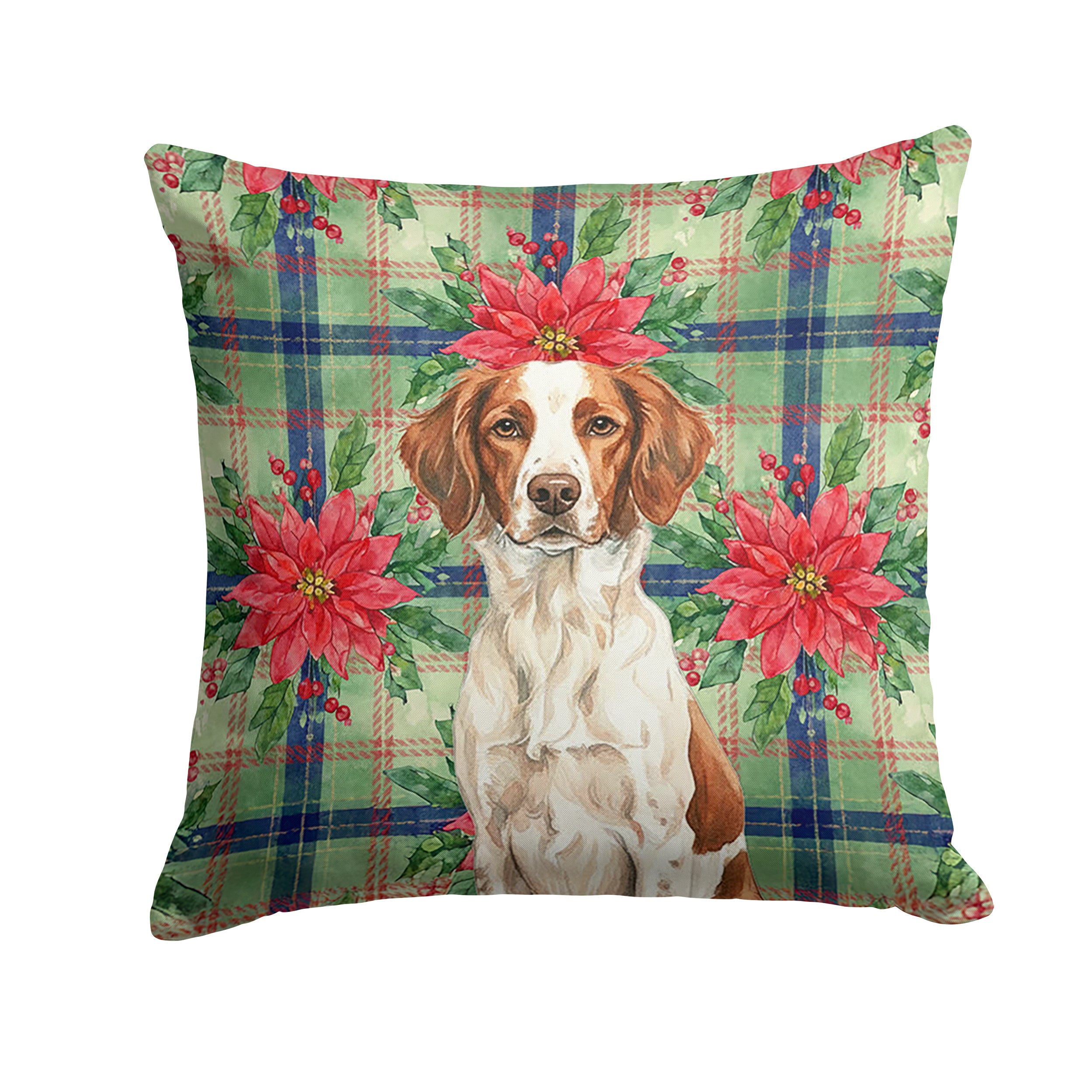 Liver and White Brittany Christmas PoinsettIas Decorative Throw Pillow 18x18 Indoor Outdoor Accent Cushion, Fabric Cover with Insert for Sofa, Bed, Porch & Living Room