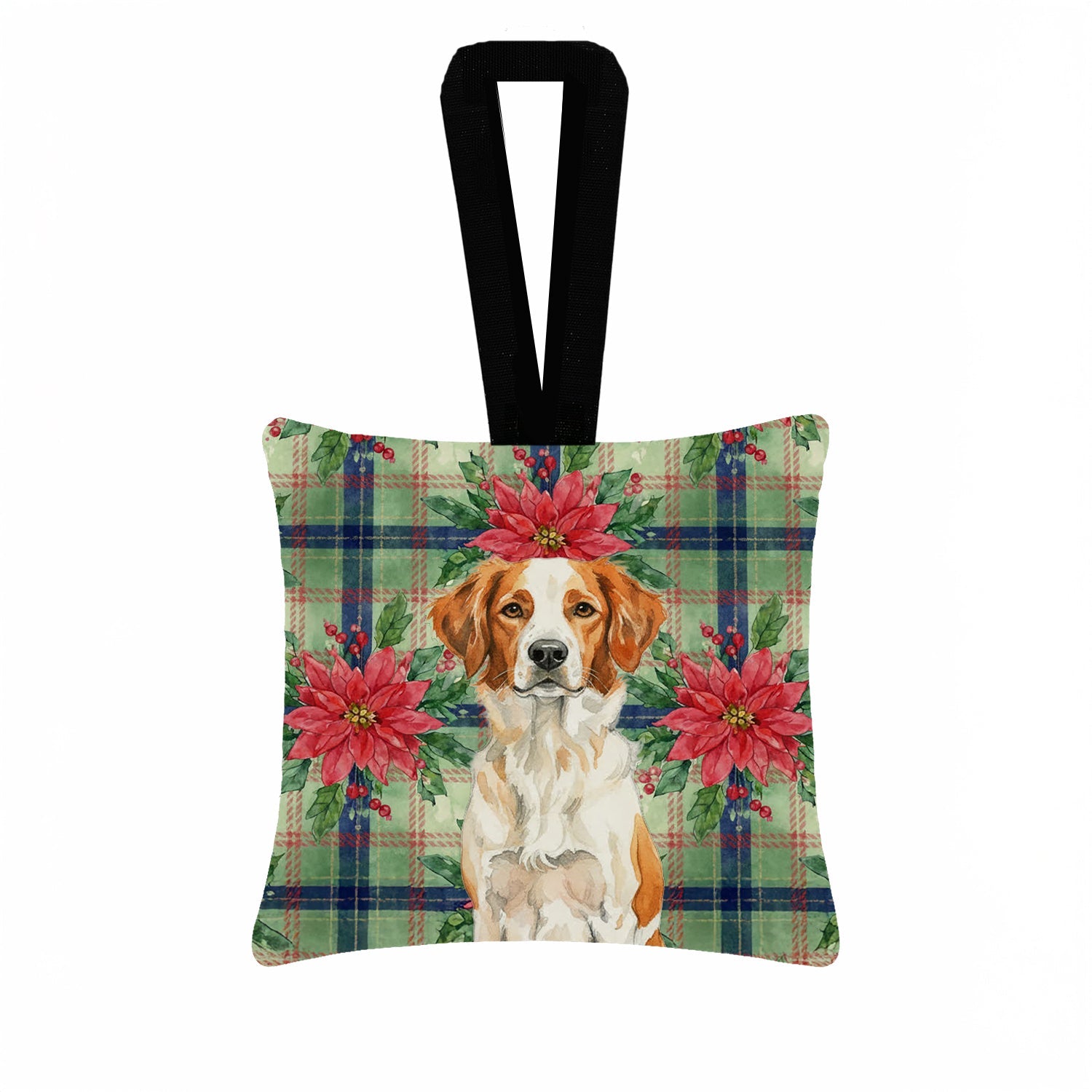 Orange and White Brittany Christmas PoinsettIas Hanging Square Fabric Ornament 3.5 � 3.5 Decorative Door-Knob & Tree Hanger, Soft Fabric