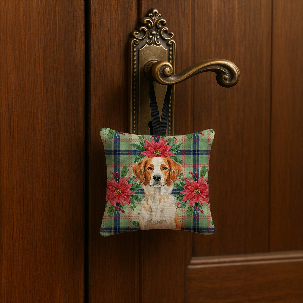 Orange and White Brittany Christmas PoinsettIas Hanging Square Fabric Ornament 3.5 � 3.5 Decorative Door-Knob & Tree Hanger, Soft Fabric