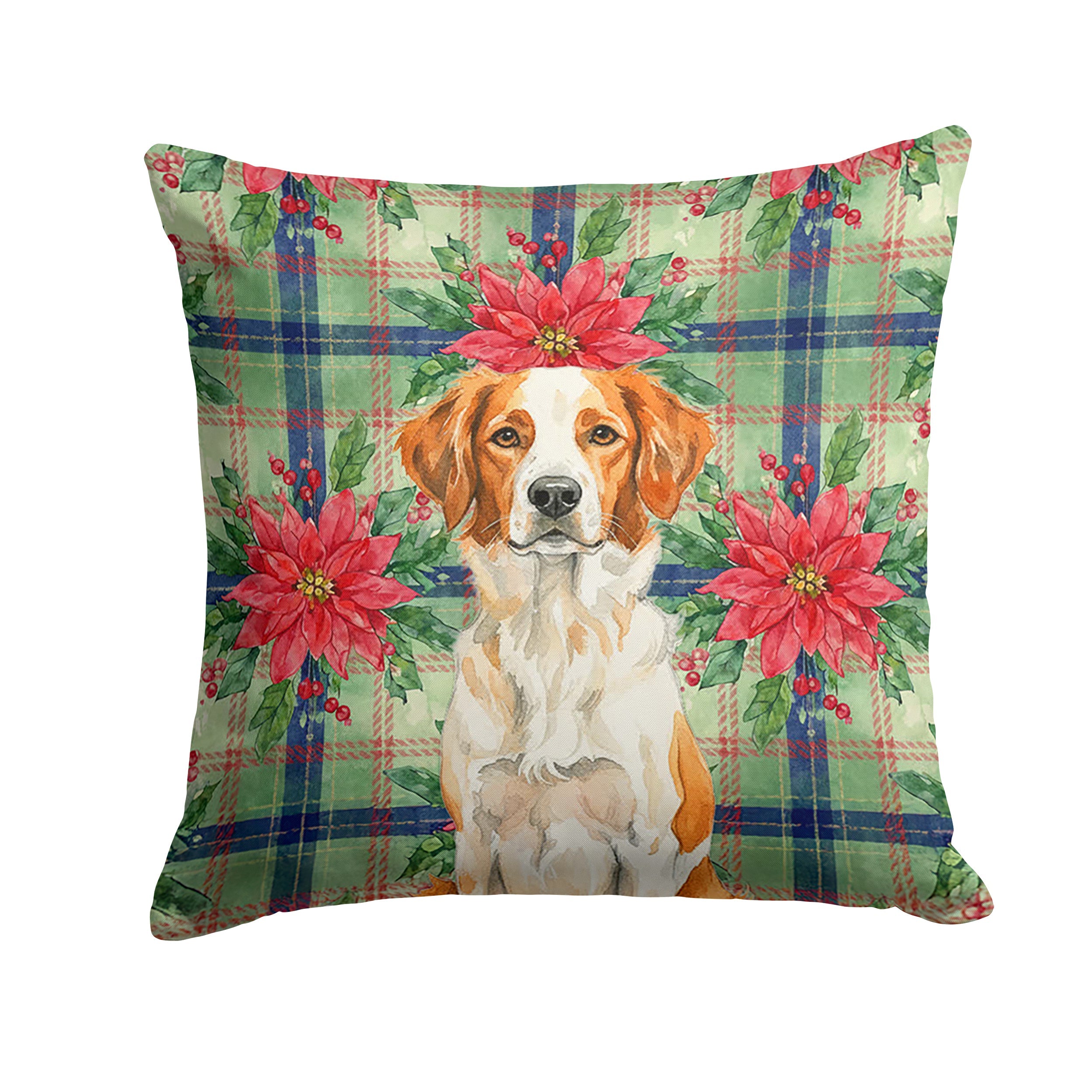 Orange and White Brittany Christmas PoinsettIas Decorative Throw Pillow 14x14 Indoor Outdoor Accent Cushion, Fabric Cover with Insert for Sofa, Bed, Porch & Living Room
