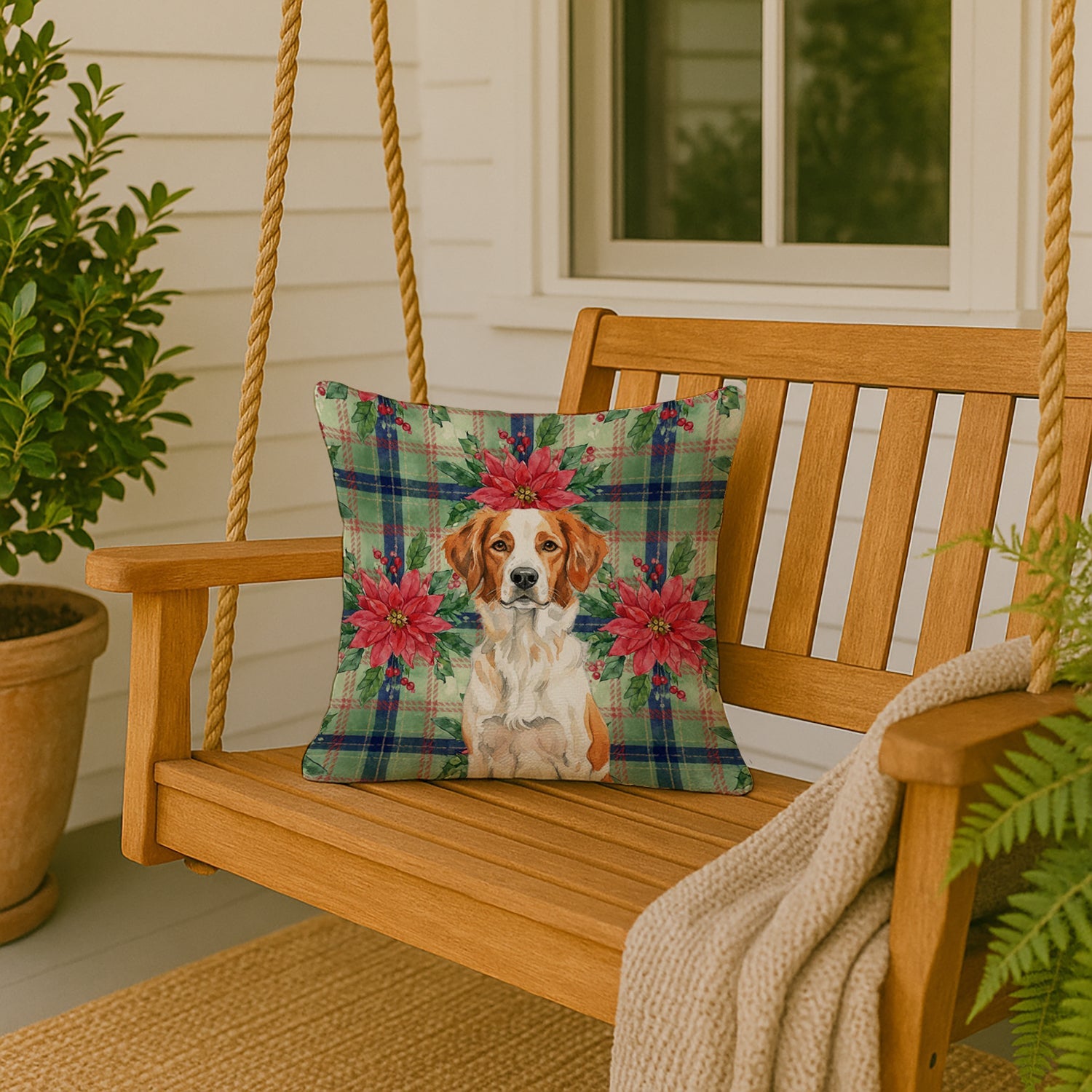 Orange and White Brittany Christmas PoinsettIas Decorative Throw Pillow 18x18 Indoor Outdoor Accent Cushion, Fabric Cover with Insert for Sofa, Bed, Porch & Living Room