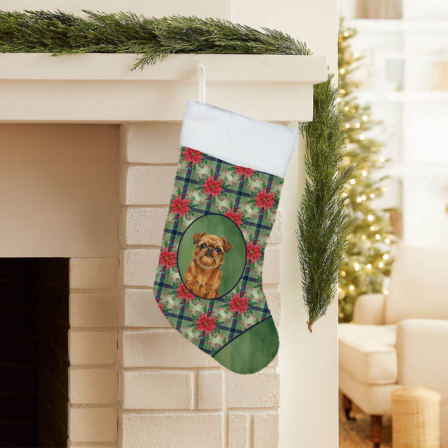 Belge Brussels Griffon Christmas PoinsettIas Holiday Stocking Double-Sided Print, Polyester Suede,11x18, Made in USA