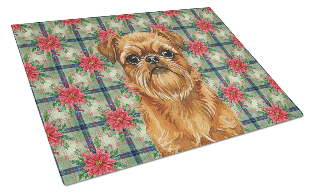 Belge Brussels Griffon Christmas PoinsettIas Cutting Board Tempered Glass Kitchen Cutting Surface, Heat Resistant Chopping, Non-Slip Feet, Food Prep & Serving