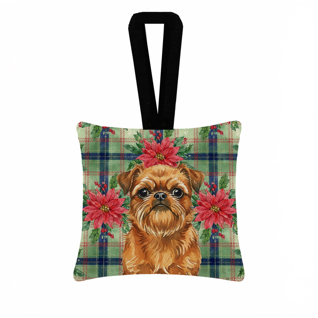 Belge Brussels Griffon Christmas PoinsettIas Hanging Square Fabric Ornament 3.5 � 3.5 Decorative Door-Knob & Tree Hanger, Soft Fabric
