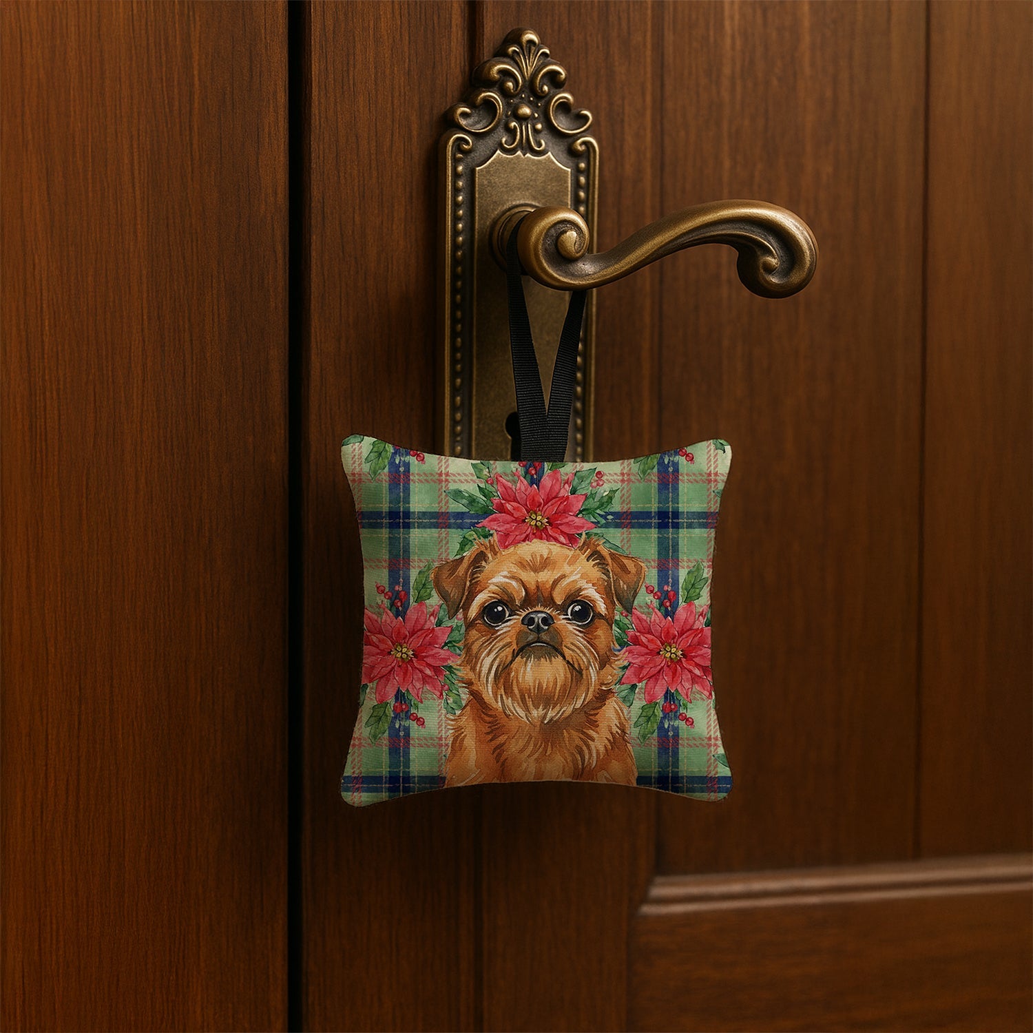 Belge Brussels Griffon Christmas PoinsettIas Hanging Square Fabric Ornament 3.5 � 3.5 Decorative Door-Knob & Tree Hanger, Soft Fabric