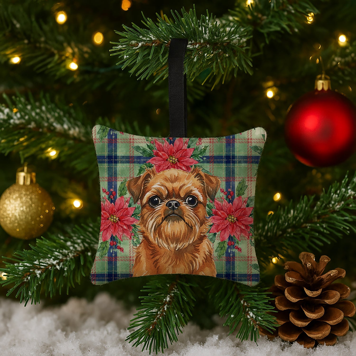 Belge Brussels Griffon Christmas PoinsettIas Hanging Square Fabric Ornament 3.5 � 3.5 Decorative Door-Knob & Tree Hanger, Soft Fabric