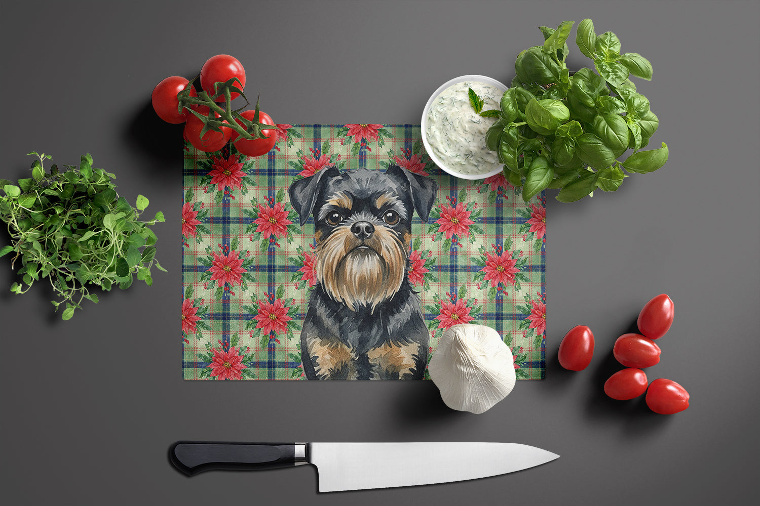 Black and Tan Brussels Griffon Christmas PoinsettIas Cutting Board Tempered Glass Kitchen Cutting Surface, Heat Resistant Chopping, Non-Slip Feet, Food Prep & Serving