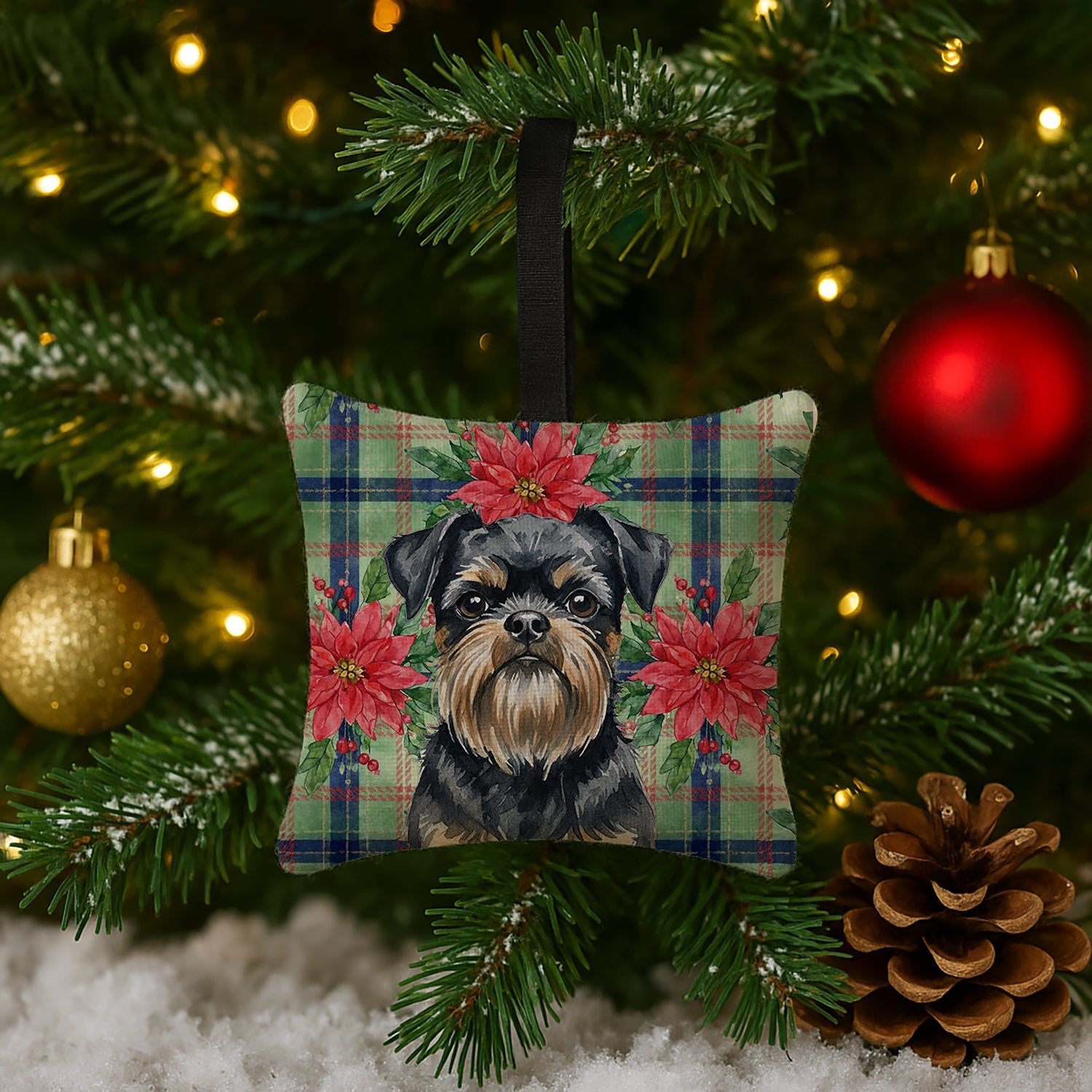 Black and Tan Brussels Griffon Christmas PoinsettIas Hanging Square Fabric Ornament 3.5 � 3.5 Decorative Door-Knob & Tree Hanger, Soft Fabric
