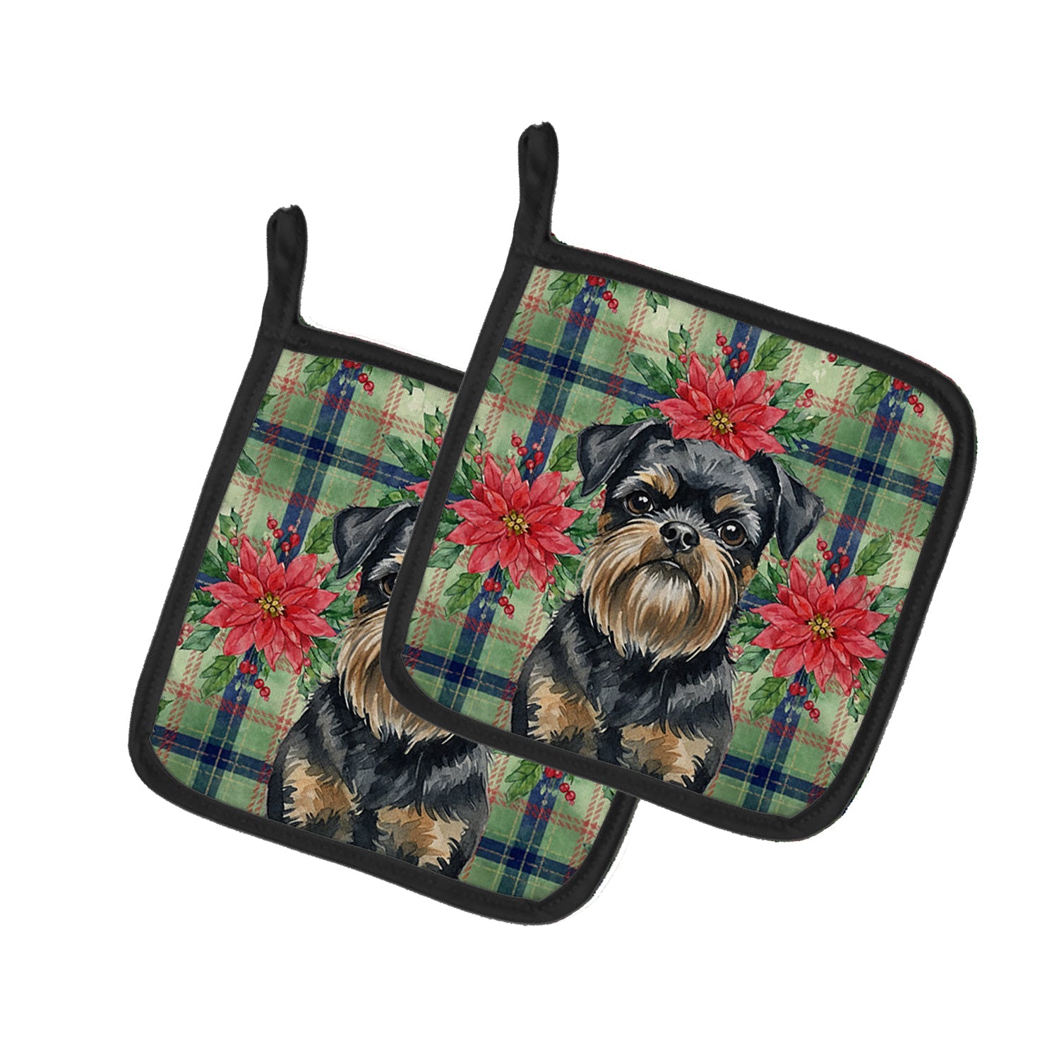 Black and Tan Brussels Griffon Christmas PoinsettIas Pot Holder Set of 2 Heat Resistant Quilted Hot Pads 7.5 x 7.5 Inch, Insulated Kitchen Trivets for Cooking & Baking