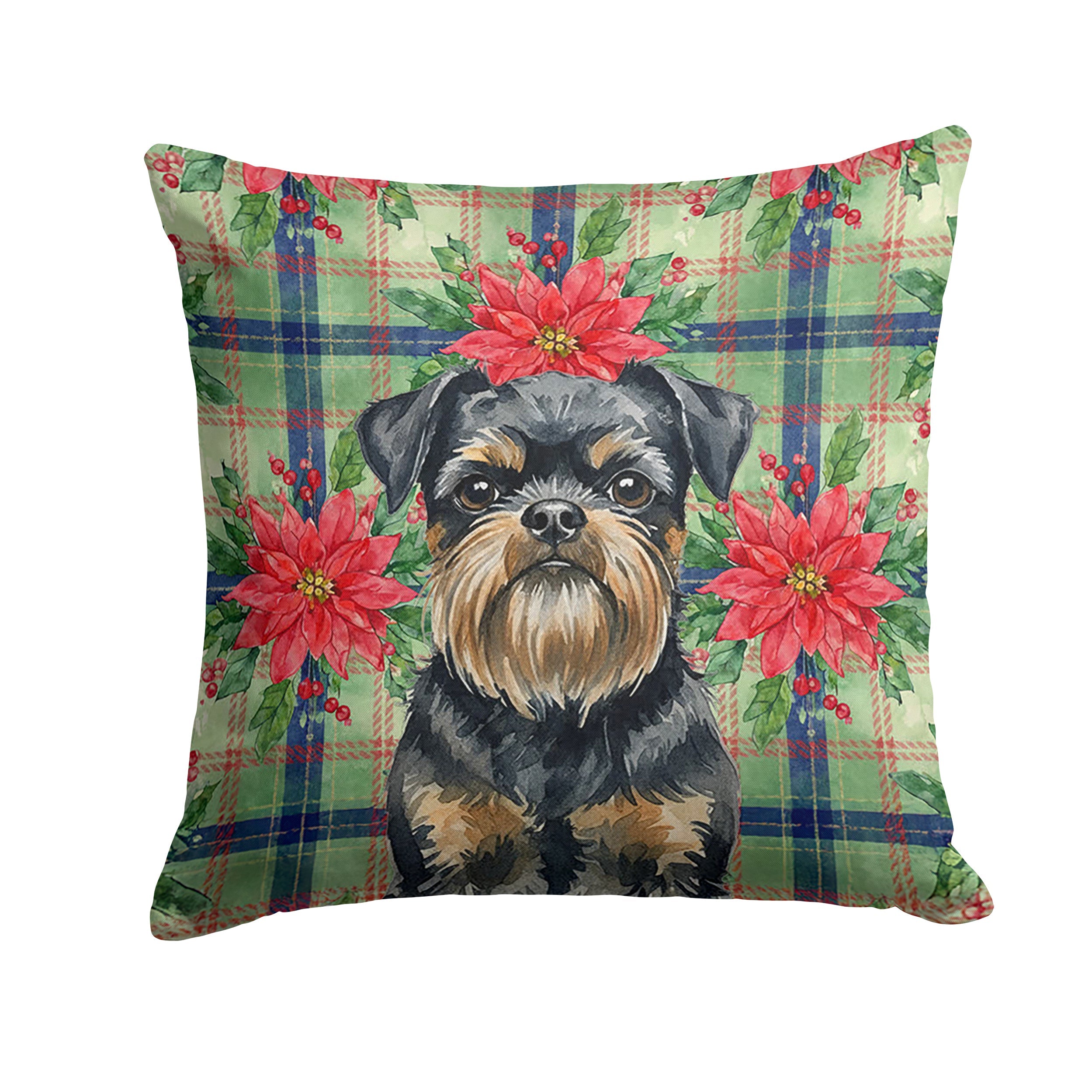 Black and Tan Brussels Griffon Christmas PoinsettIas Decorative Throw Pillow 14x14 Indoor Outdoor Accent Cushion, Fabric Cover with Insert for Sofa, Bed, Porch & Living Room