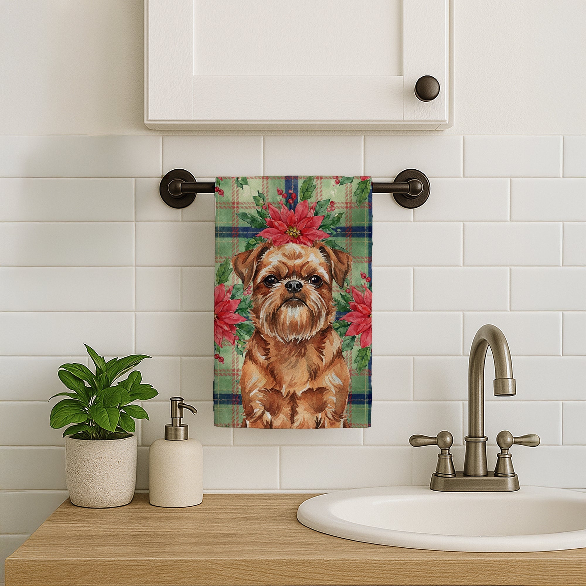 Red Brussels Griffon Christmas PoinsettIas Kitchen Towel Velour Plush Front and Cotton Loop Back Machine Washable