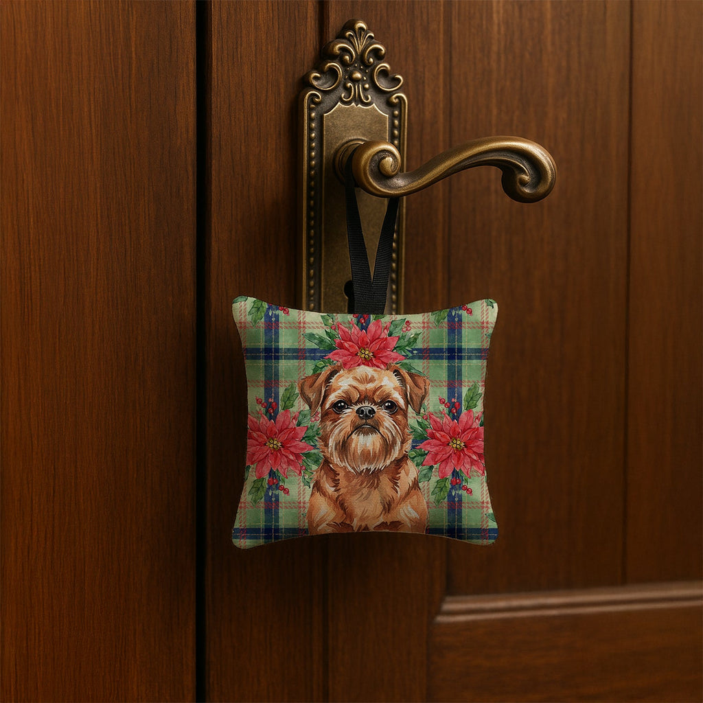 Red Brussels Griffon Christmas PoinsettIas Hanging Square Fabric Ornament 3.5 � 3.5 Decorative Door-Knob & Tree Hanger, Soft Fabric