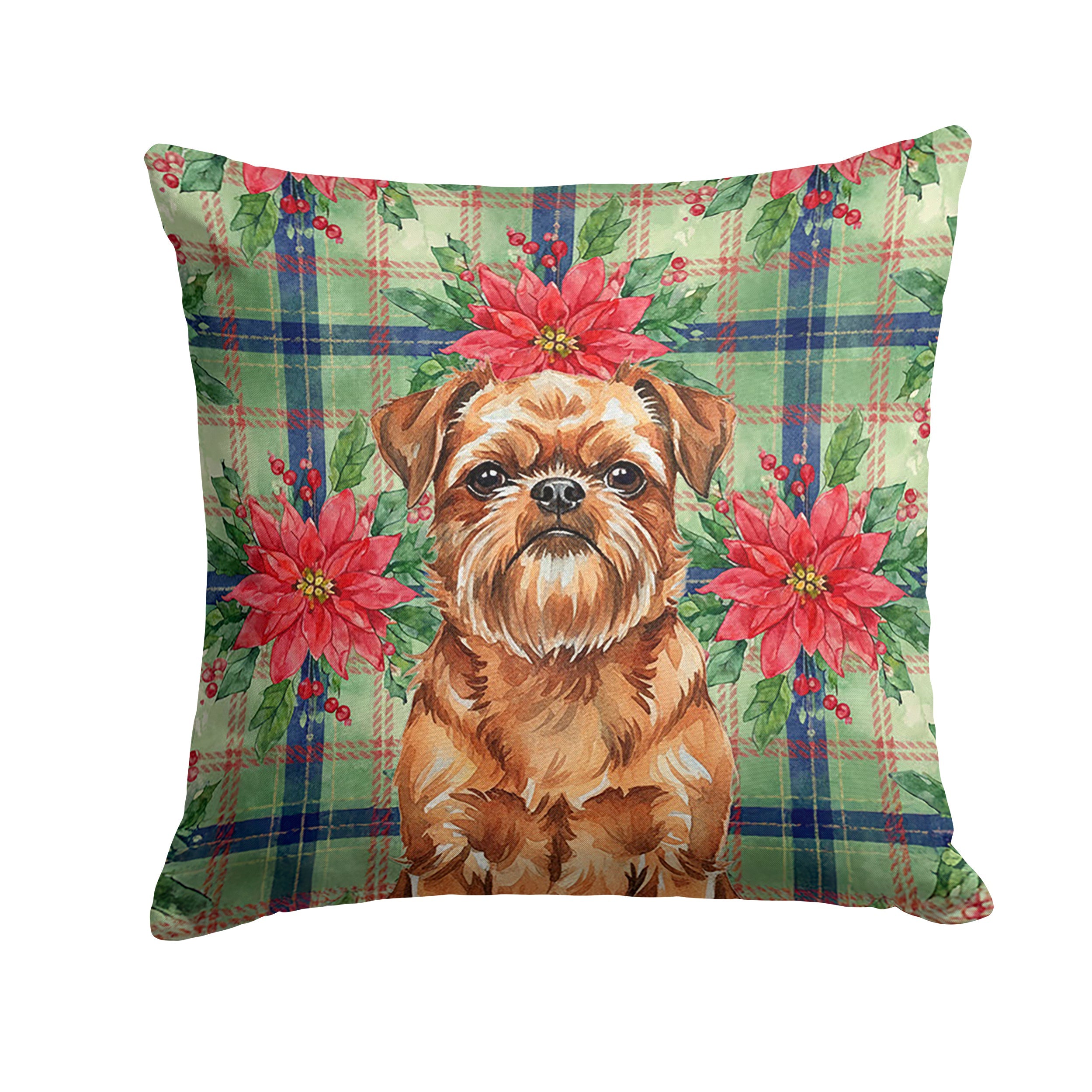 Red Brussels Griffon Christmas PoinsettIas Decorative Throw Pillow 14x14 Indoor Outdoor Accent Cushion, Fabric Cover with Insert for Sofa, Bed, Porch & Living Room