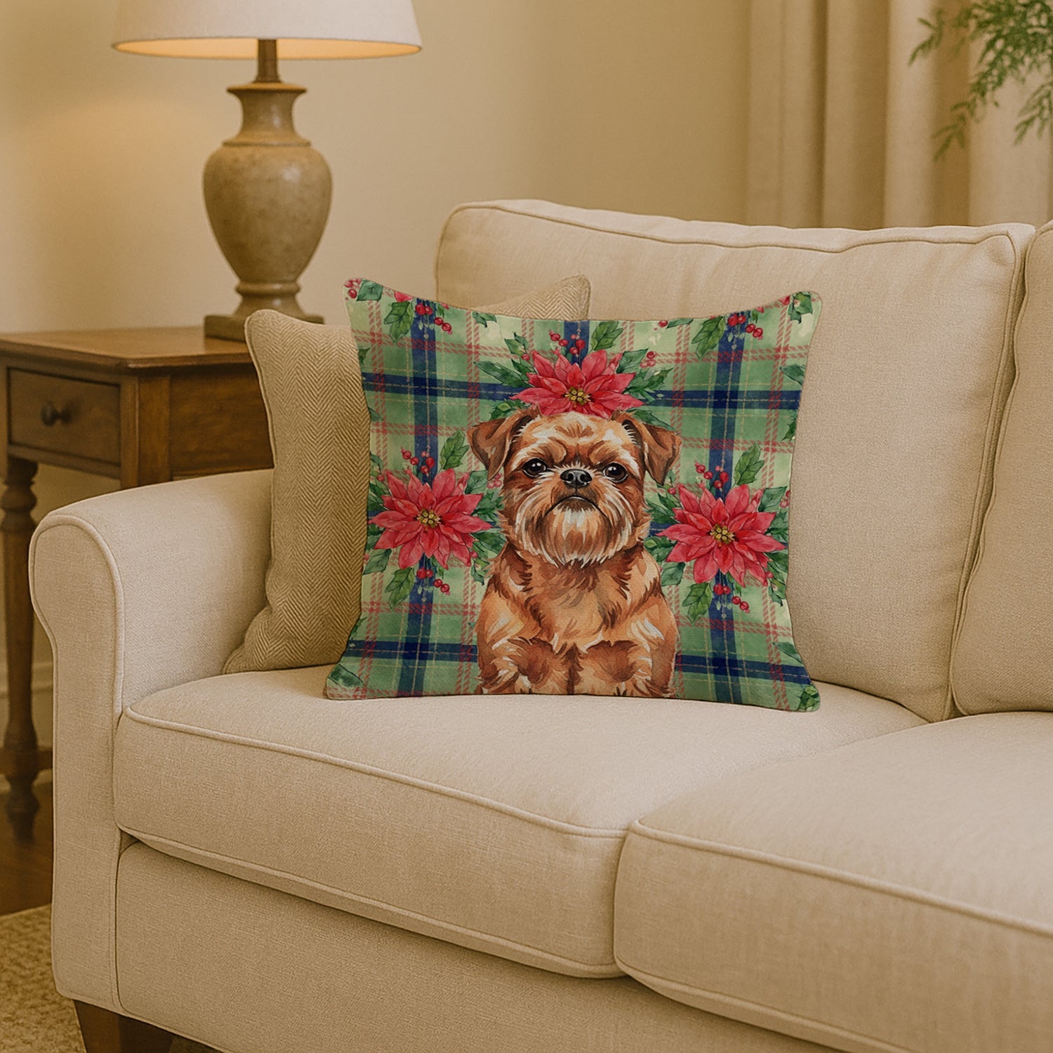 Red Brussels Griffon Christmas PoinsettIas Decorative Throw Pillow 14x14 Indoor Outdoor Accent Cushion, Fabric Cover with Insert for Sofa, Bed, Porch & Living Room