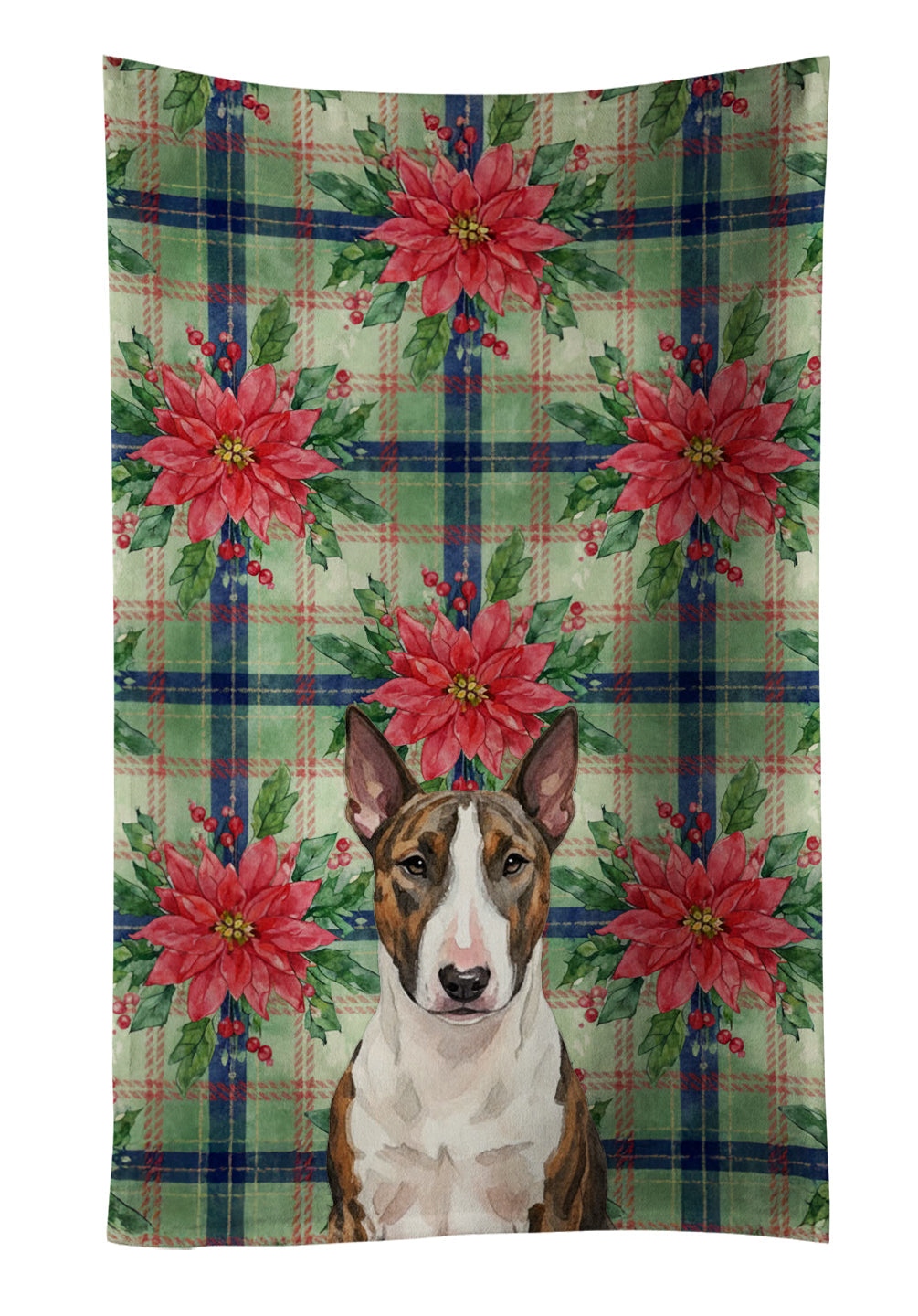 Brindle and White Bull Terrier Christmas PoinsettIas Kitchen Towel Velour Plush Front and Cotton Loop Back Machine Washable
