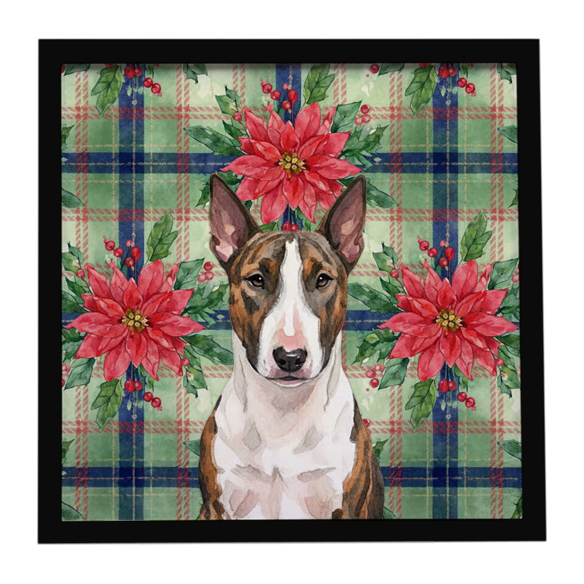 Brindle and White Bull Terrier Christmas PoinsettIas Framed Metal Print Bathroom, Kitchen, Office, Home Decor Wall Art Ready to Hang, Square, 8X8