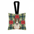 Brindle and White Bull Terrier Christmas PoinsettIas Hanging Square Fabric Ornament 3.5 � 3.5 Decorative Door-Knob & Tree Hanger, Soft Fabric
