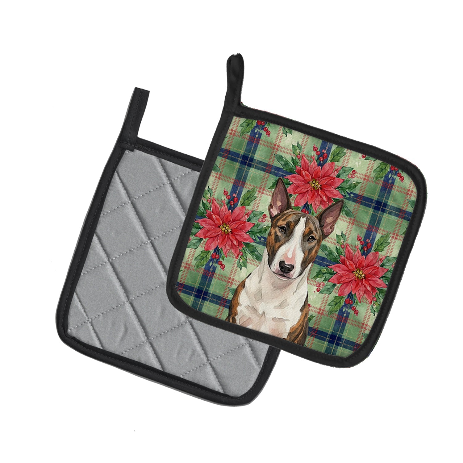 Brindle and White Bull Terrier Christmas PoinsettIas Pot Holder Set of 2 Heat Resistant Quilted Hot Pads 7.5 x 7.5 Inch, Insulated Kitchen Trivets for Cooking & Baking