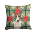 Brindle and White Bull Terrier Christmas PoinsettIas Decorative Throw Pillow 14x14 Indoor Outdoor Accent Cushion, Fabric Cover with Insert for Sofa, Bed, Porch & Living Room