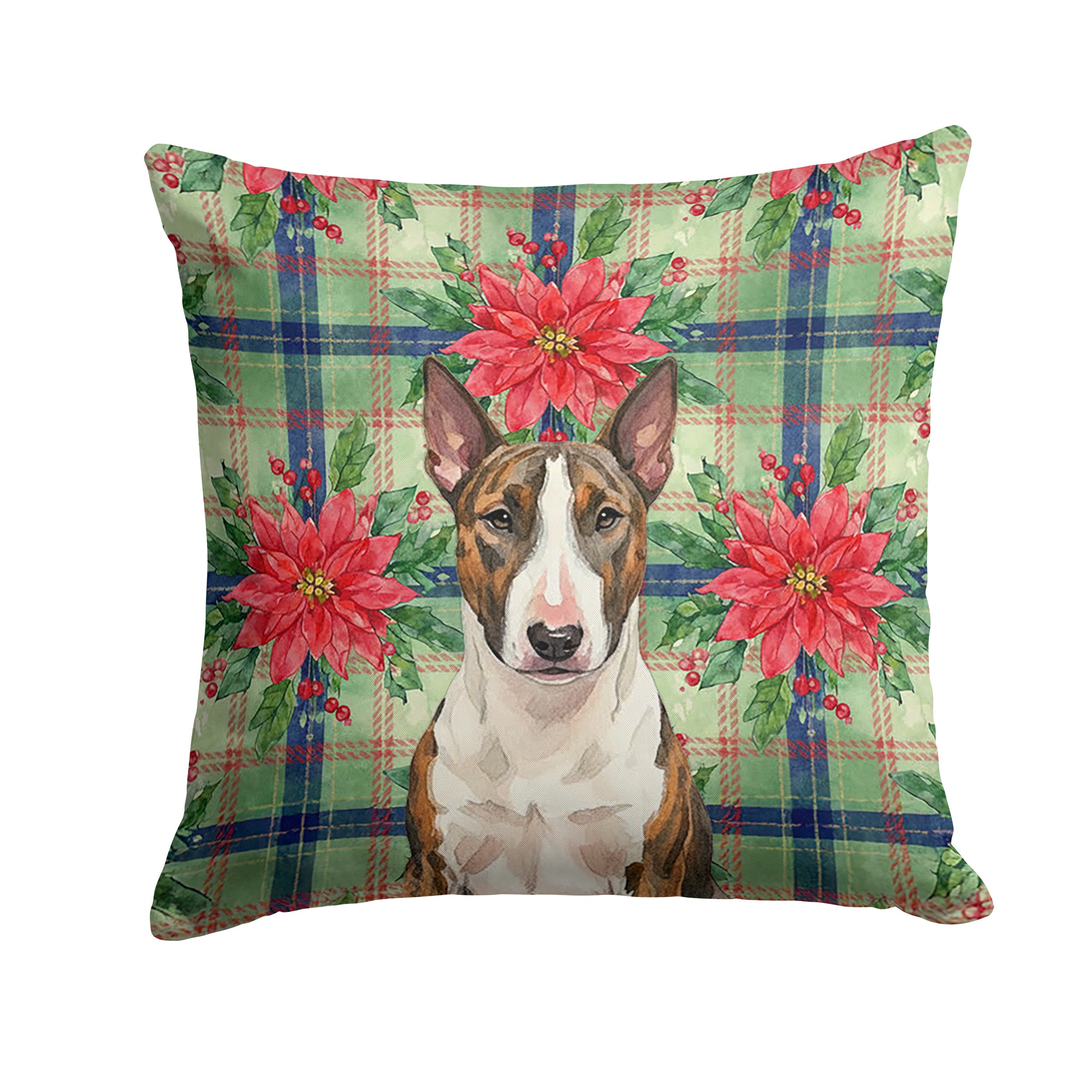 Brindle and White Bull Terrier Christmas PoinsettIas Decorative Throw Pillow 14x14 Indoor Outdoor Accent Cushion, Fabric Cover with Insert for Sofa, Bed, Porch & Living Room