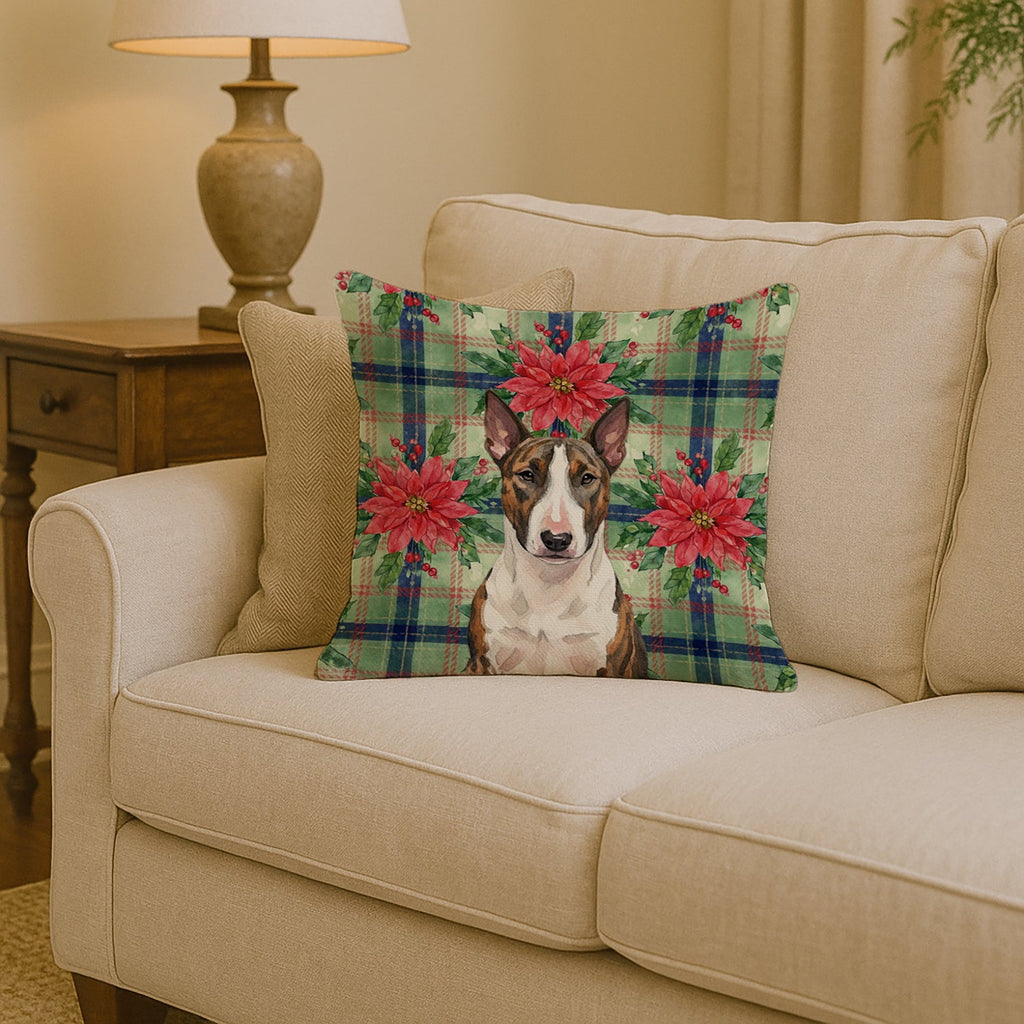 Brindle and White Bull Terrier Christmas PoinsettIas Decorative Throw Pillow 14x14 Indoor Outdoor Accent Cushion, Fabric Cover with Insert for Sofa, Bed, Porch & Living Room